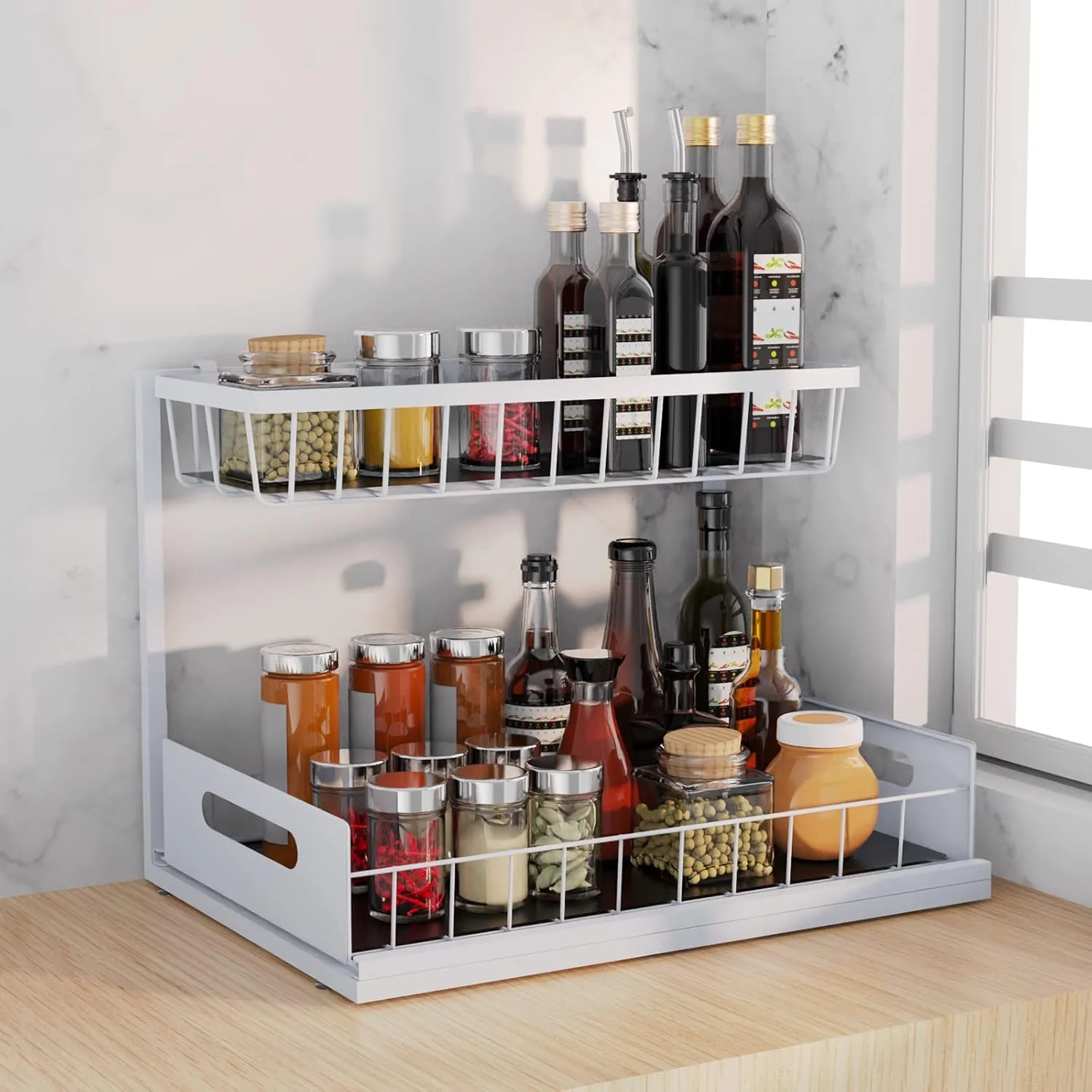 ارگانایزر زیر سینک SUTINE، ارگانایزر حمام 2 طبقه L شکل، قفسه ذخیره سازی ارگانایزر کابینت کشویی، ارگانایزر و ذخیره سازی چند منظوره زیر سینک برای حمام آشپزخانه (سفید)