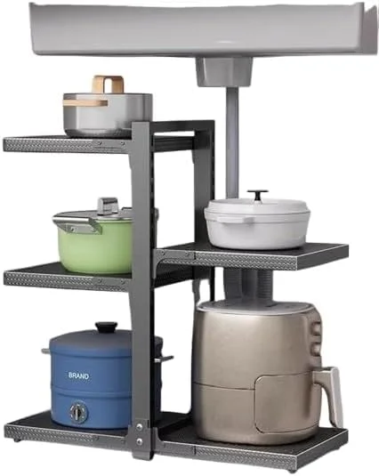 نگهدارنده قابلمه و تابه: قفسه زیر کابینتی، قفسه سازمان دهنده قابلمه قابل تنظیم 5 طبقه سنگین برای آشپزخانه، خانه و دفتر، مونتاژ آسان، مشکی