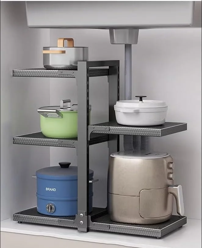 نگهدارنده قابلمه و تابه: قفسه زیر کابینتی، قفسه سازمان دهنده قابلمه قابل تنظیم 5 طبقه سنگین برای آشپزخانه، خانه و دفتر، مونتاژ آسان، مشکی