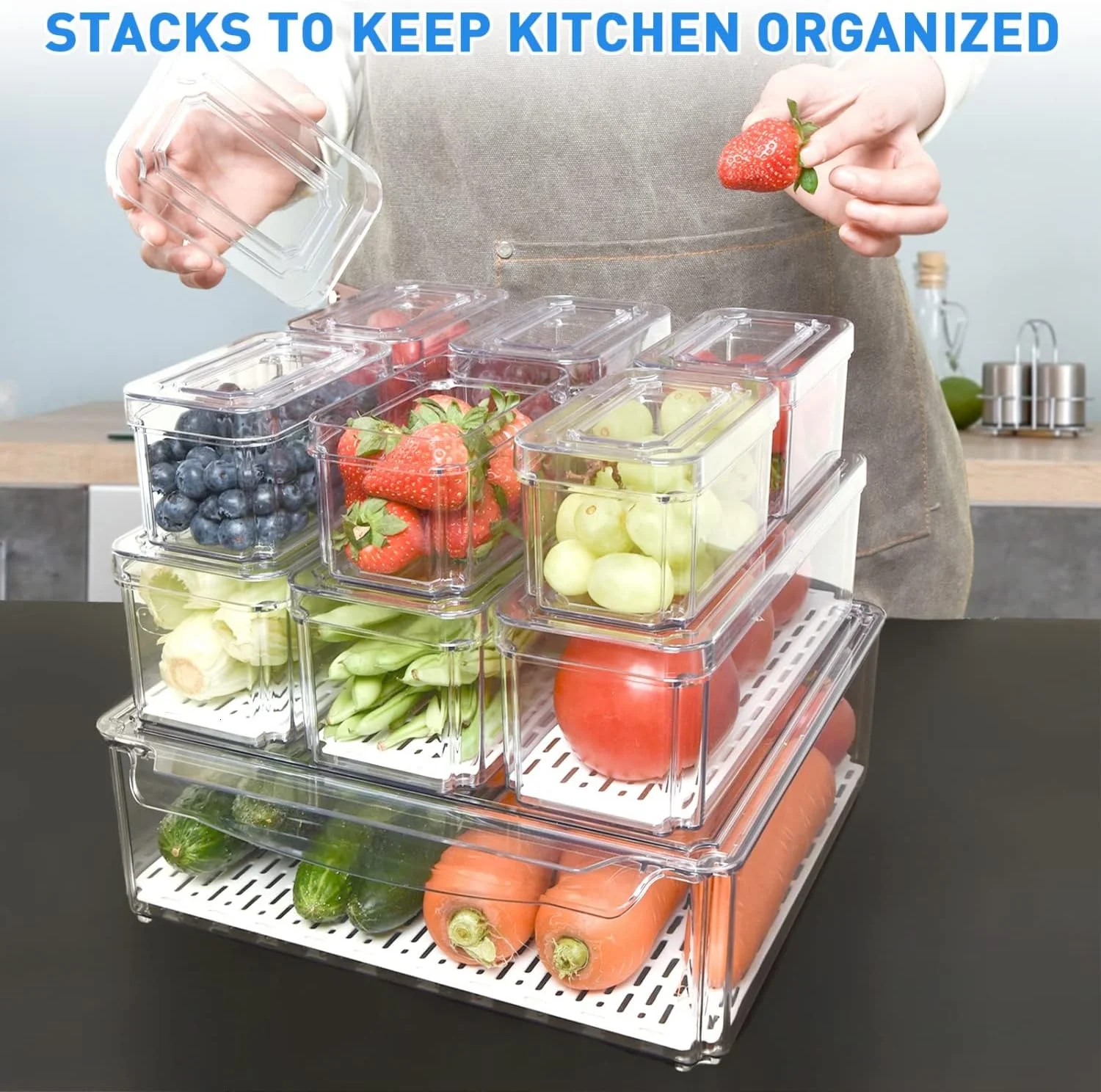 Pomeat 10 Pack Fridge Organizer, Stackable Refrigerator Organizer Bins with Lids, BPA-Free Produce Fruit Storage Containers for Fridge Organizers and Storage Clear for Food, Drinks, Vegetable Storage