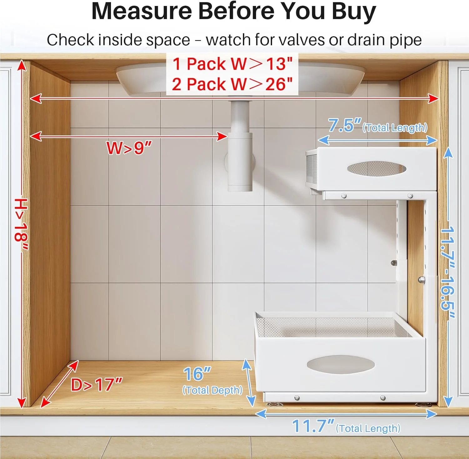 ارگانایزر زیر سینک، بسته 2 عددی، قفسه ارگانایزر کابینت دو طبقه کشویی با پد برای کابینت های قاب دار، ذخیره سازی فلزی کشویی زیر سینک، کشوهای کشویی مشبک برای آشپزخانه، حمام، لباسشویی، سفید