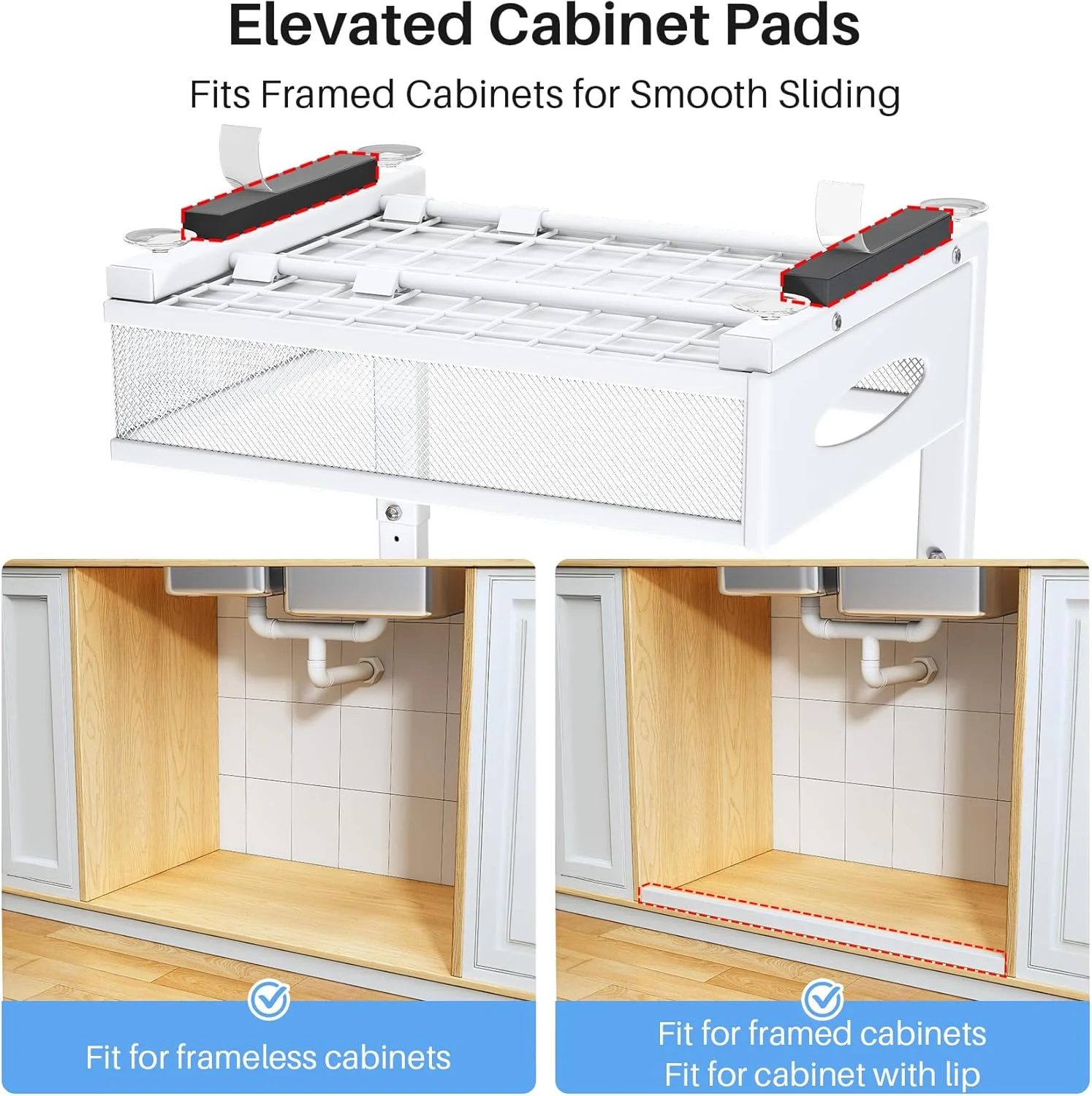 ارگانایزر زیر سینک، بسته 2 عددی، قفسه ارگانایزر کابینت دو طبقه کشویی با پد برای کابینت های قاب دار، ذخیره سازی فلزی کشویی زیر سینک، کشوهای کشویی مشبک برای آشپزخانه، حمام، لباسشویی، سفید