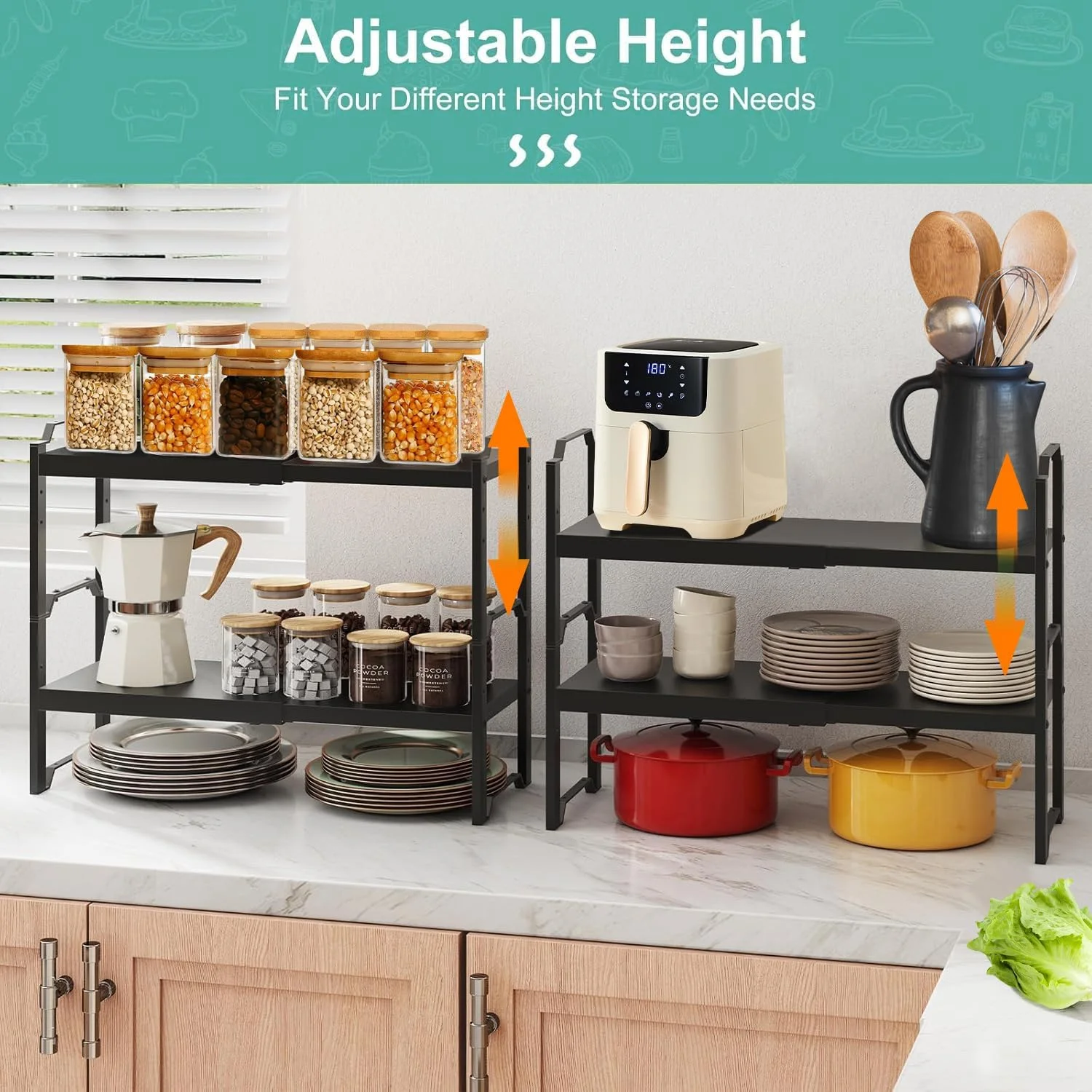 بسته 2 عددی قفسه های قابل گسترش کابینت Masroo، سازمان دهنده قفسه های قابل انباشت برای نگهداری روی کابینت آشپزخانه، قفسه ایستاده قابل تنظیم برای کابینت و انبار بسته 2 عددی قفسه های قابل گسترش کابینت Masroo، سازمان دهنده قفسه های قابل انباشت برای نگهداری روی کابینت آشپزخانه، قفسه ایستاده قابل تنظیم برای کابینت و انبار