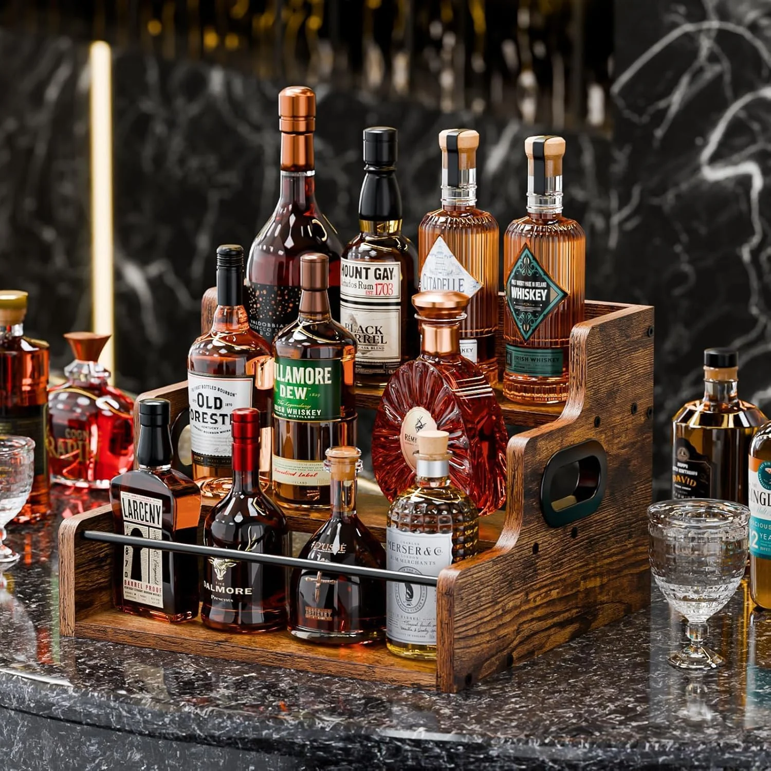 قفسه نمایش بطری مشروب، سازمان دهنده قفسه شربت قهوه، قفسه شراب رومیزی 3 مرحله ای، قفسه ادویه چوبی طرح قدیمی، قفسه های بار با نرده مناسب برای 12 بطری، پایه نگهدارنده برای آشپزخانه منزل، قهوه ای، 40x30x23 سانتی متر