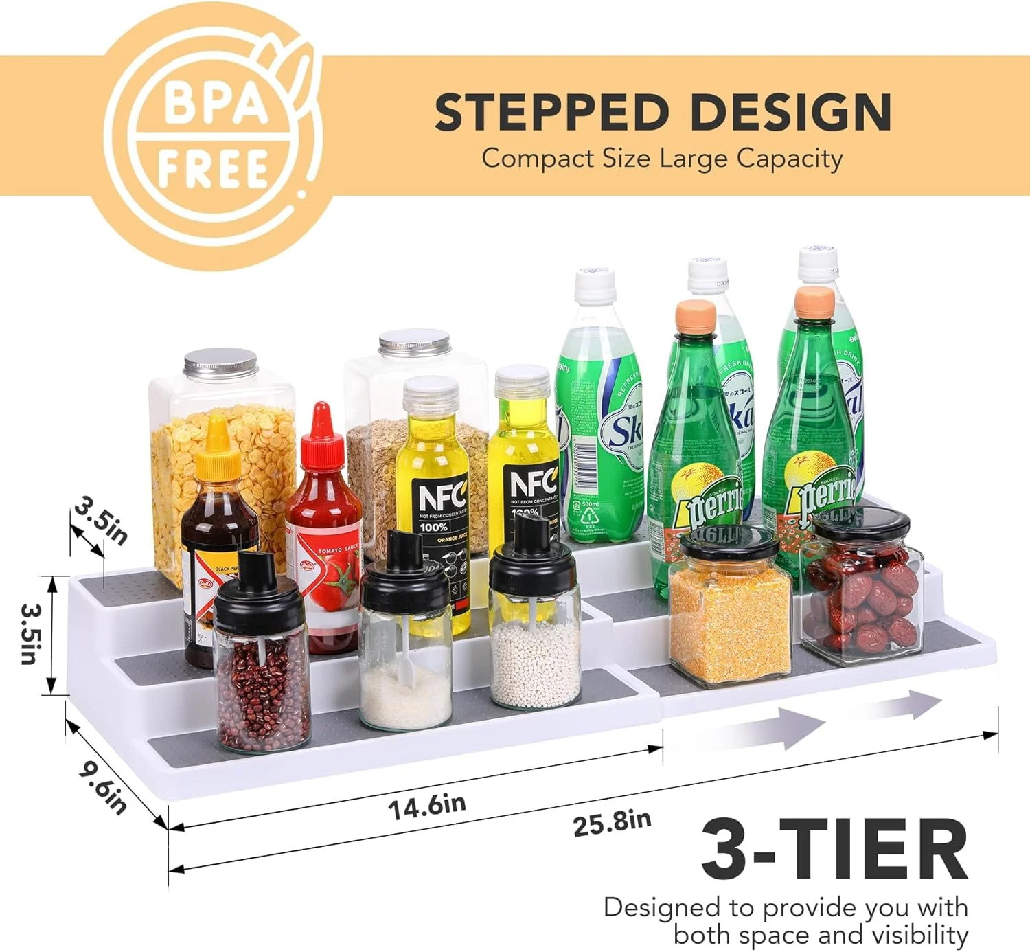 ارگانایزر قفسه ادویه 3 طبقه قابل گسترش TERRIFI، طول قابل تنظیم 37 تا 65.5 سانتی متر، قفسه ادویه پلاستیکی ضد لغزش برای کابینت آشپزخانه، کمد، انبار، بادوام و صرفه جویی در فضا، سفید/خاکستری