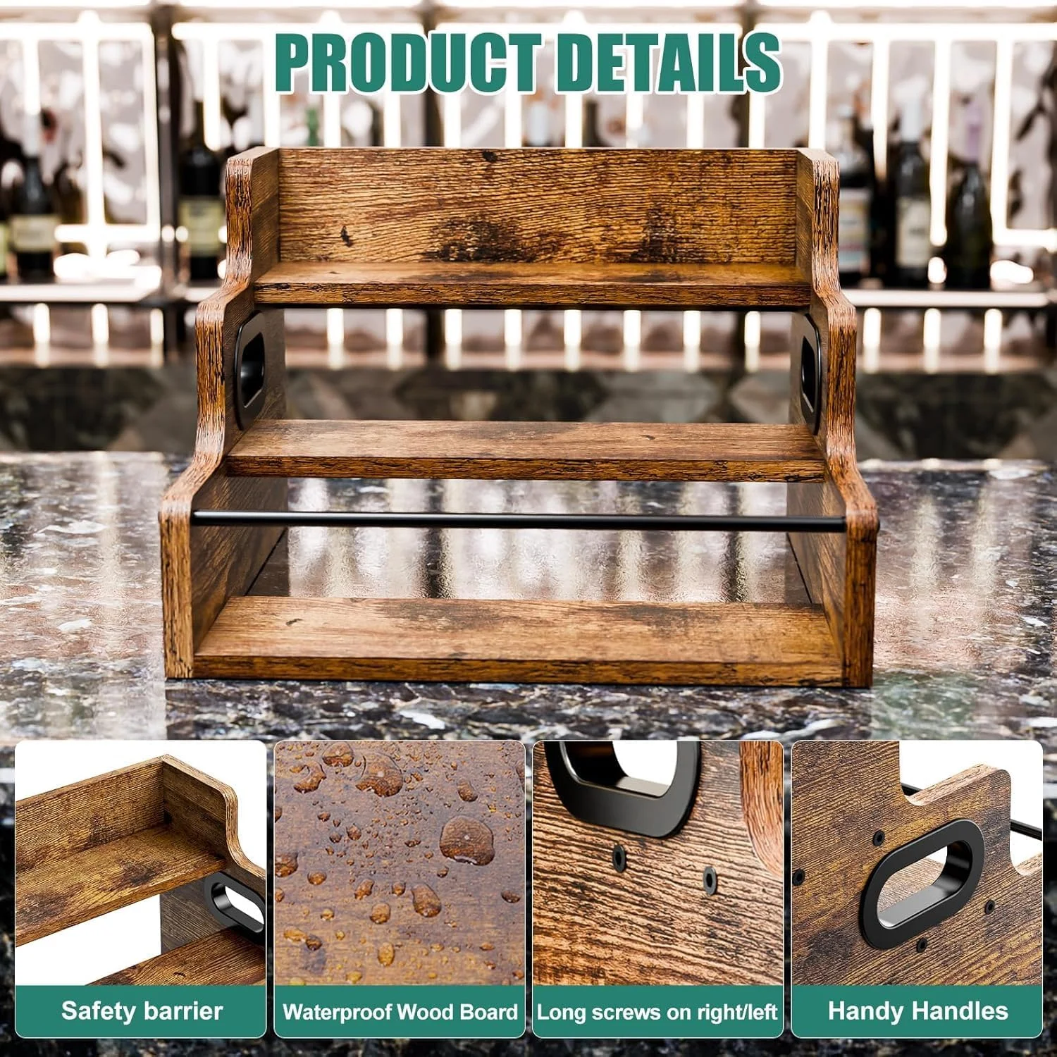 قفسه نمایش بطری مشروب، سازمان دهنده قفسه شربت قهوه، قفسه شراب رومیزی 3 مرحله ای، قفسه ادویه چوبی طرح قدیمی، قفسه های بار با نرده مناسب برای 12 بطری، پایه نگهدارنده برای آشپزخانه منزل، قهوه ای، 40x30x23 سانتی متر