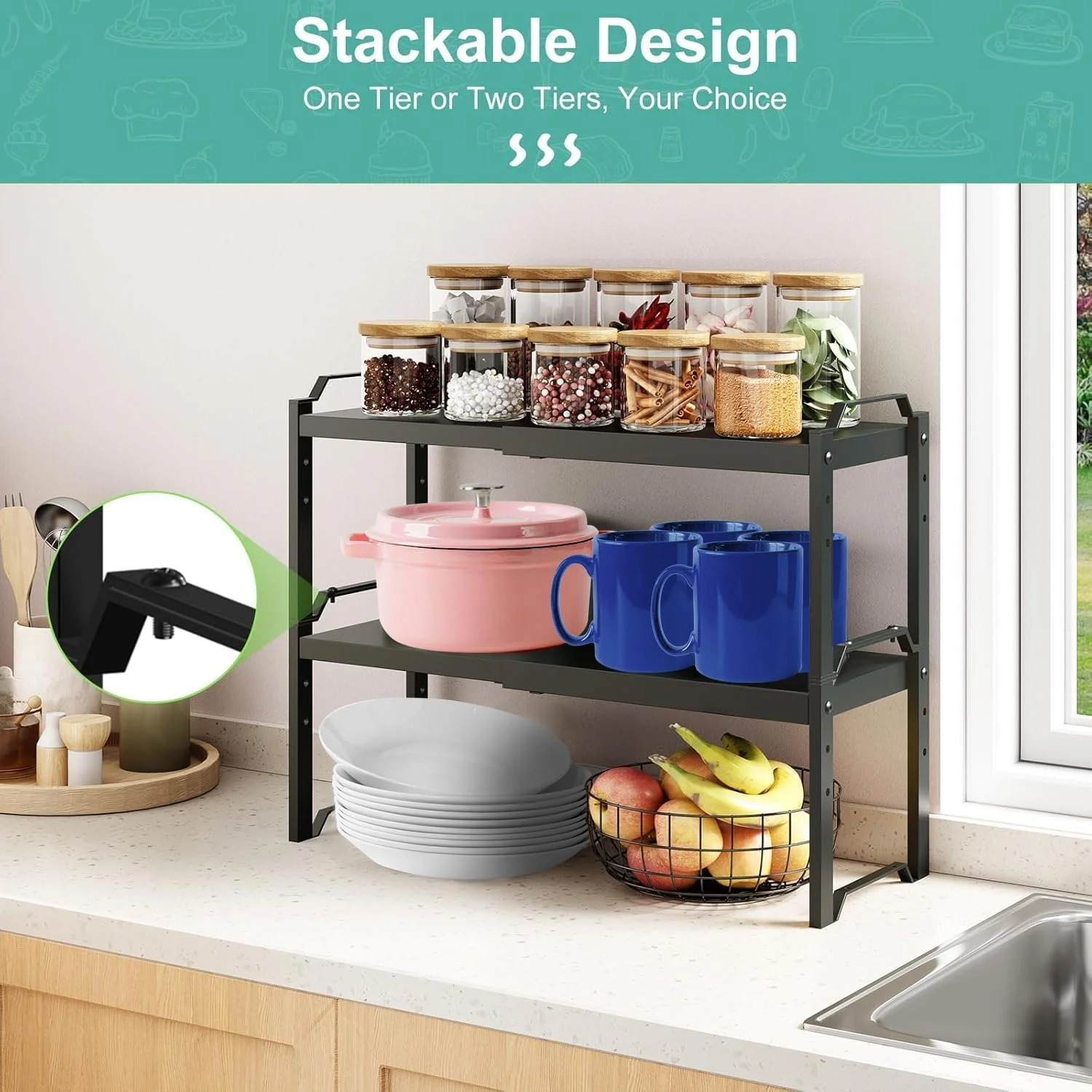 بسته 2 عددی قفسه های قابل گسترش کابینت Masroo، سازمان دهنده قفسه های قابل انباشت برای نگهداری روی کابینت آشپزخانه، قفسه ایستاده قابل تنظیم برای کابینت و انبار بسته 2 عددی قفسه های قابل گسترش کابینت Masroo، سازمان دهنده قفسه های قابل انباشت برای نگهداری روی کابینت آشپزخانه، قفسه ایستاده قابل تنظیم برای کابینت و انبار