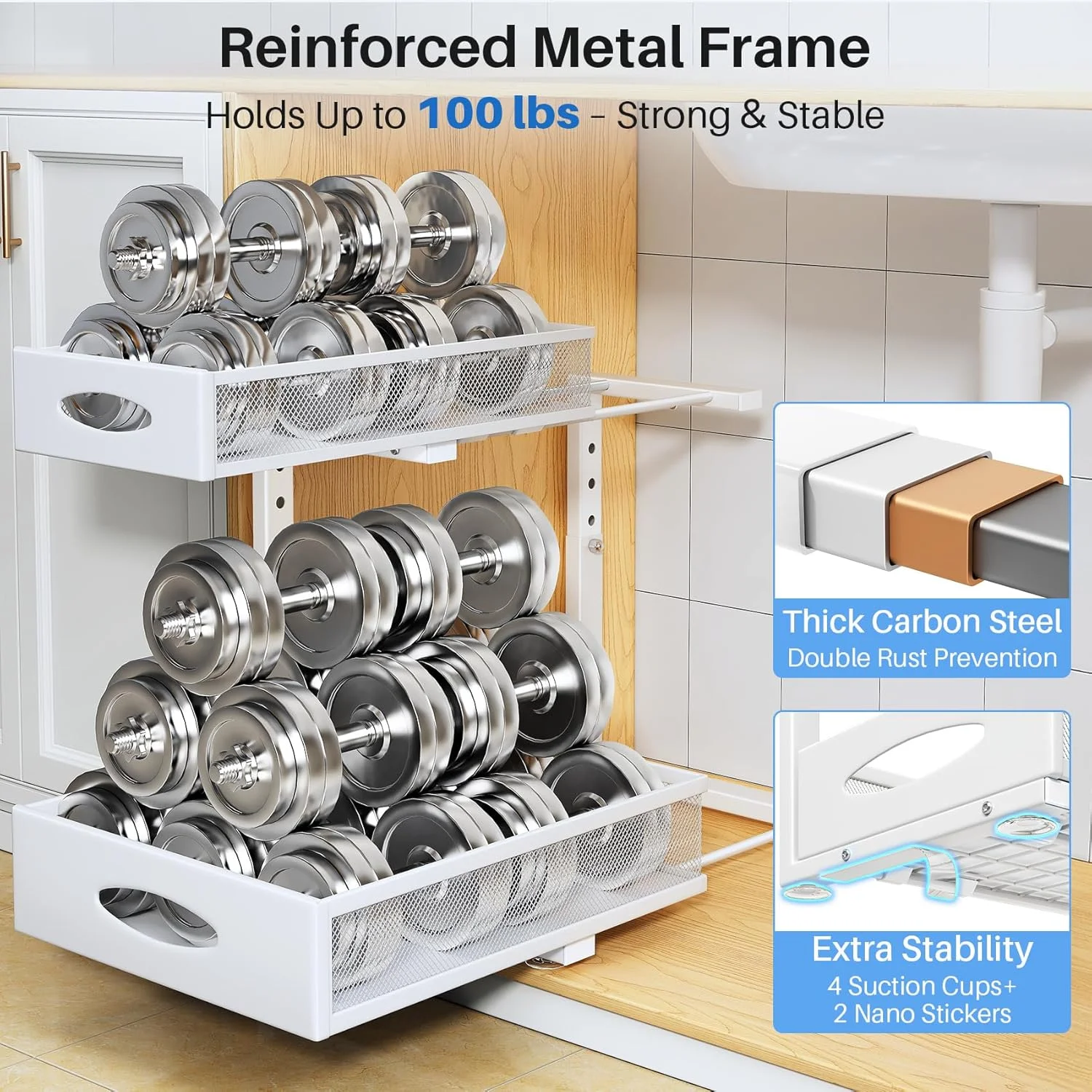 ارگانایزر زیر سینک، بسته 2 عددی، قفسه ارگانایزر کابینت دو طبقه کشویی با پد برای کابینت های قاب دار، ذخیره سازی فلزی کشویی زیر سینک، کشوهای کشویی مشبک برای آشپزخانه، حمام، لباسشویی، سفید