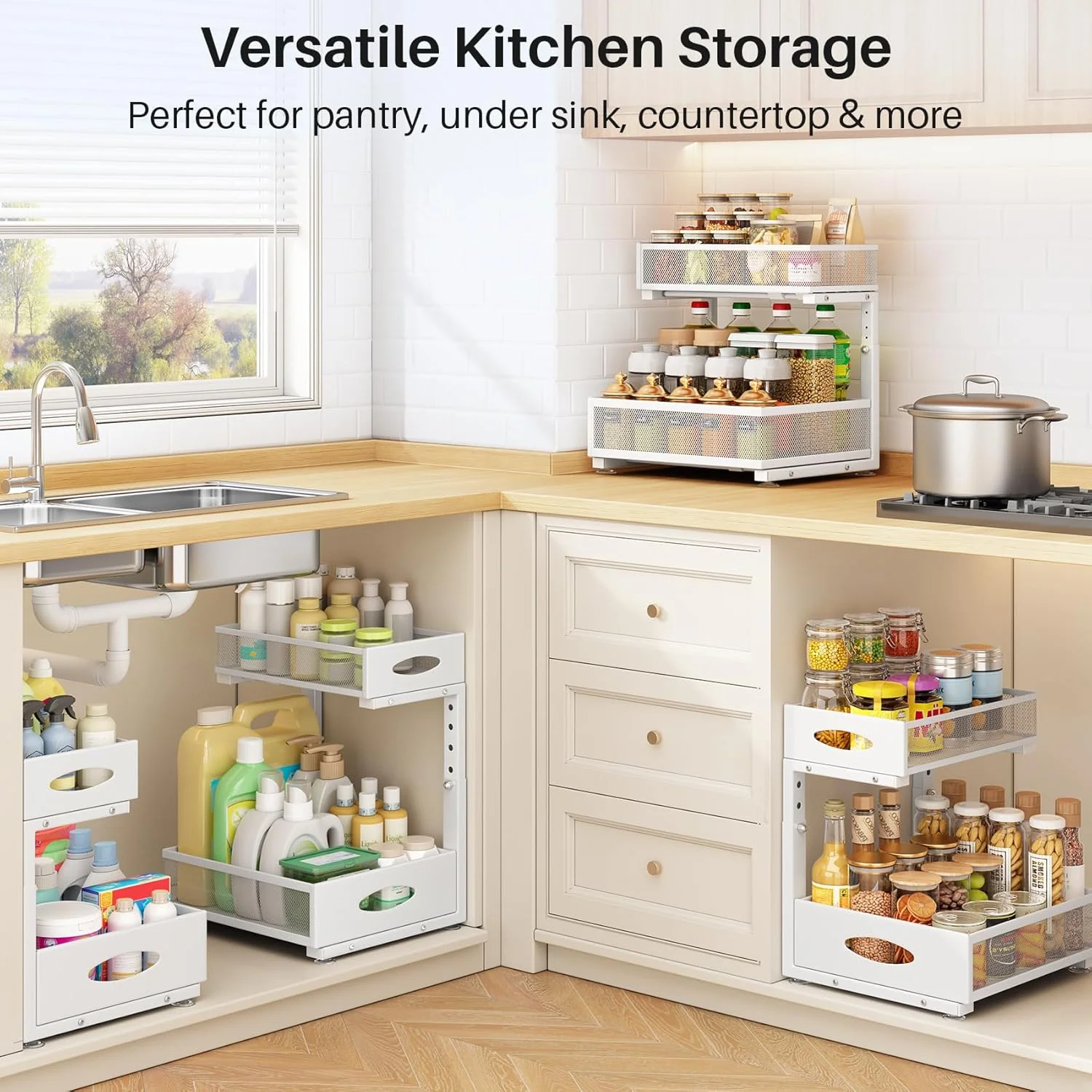 ارگانایزر زیر سینک، بسته 2 عددی، قفسه ارگانایزر کابینت دو طبقه کشویی با پد برای کابینت های قاب دار، ذخیره سازی فلزی کشویی زیر سینک، کشوهای کشویی مشبک برای آشپزخانه، حمام، لباسشویی، سفید