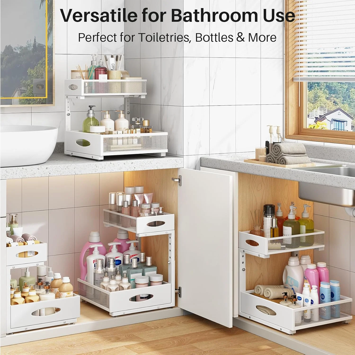 ارگانایزر زیر سینک، بسته 2 عددی، قفسه ارگانایزر کابینت دو طبقه کشویی با پد برای کابینت های قاب دار، ذخیره سازی فلزی کشویی زیر سینک، کشوهای کشویی مشبک برای آشپزخانه، حمام، لباسشویی، سفید