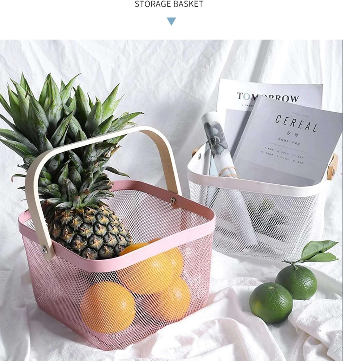سبد فلزی توری استیل AJIODA، سبد نظم دهنده چند منظوره آویز آشپزخانه، سبد میوه با دسته بامبو برای دکور آشپزخانه حمام پیک نیک کابینت منزل، صورتی سبد فلزی توری استیل AJIODA، سبد نظم دهنده چند منظوره آویز آشپزخانه، سبد میوه با دسته بامبو برای دکور آشپزخانه حمام پیک نیک کابینت منزل، صورتی