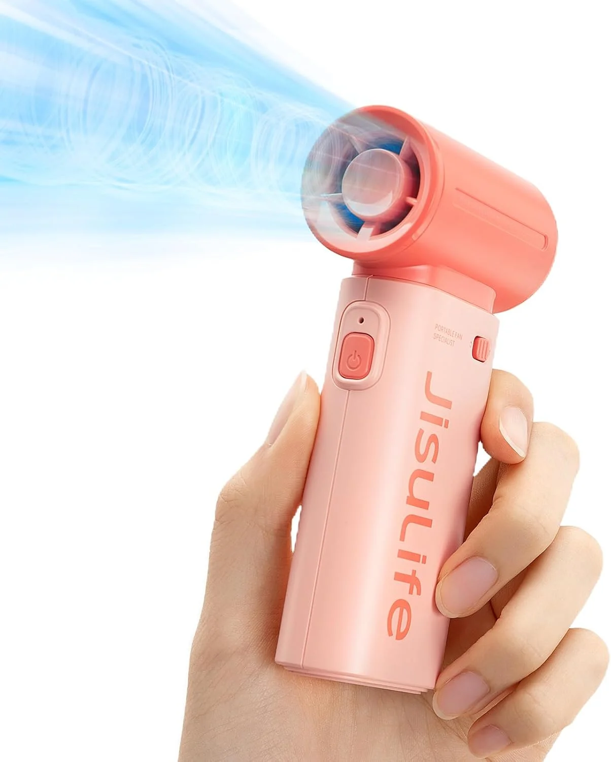 پنکه دستی توربو JISULIFE - پنکه جیبی فوق العاده قدرتمند، طراحی شیک و منحصر به فرد، پنکه دستی کوچک با 5 سرعت، بند، پنکه قابل حمل USB قابل شارژ برای مسافرت، زنان، مردان، تغییر دهنده بازی پنکه مینی - صورتی