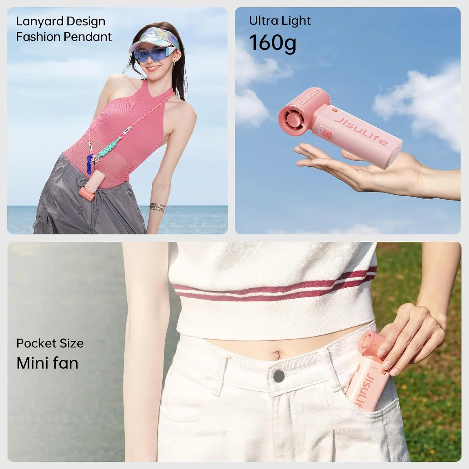 پنکه دستی توربو JISULIFE - پنکه جیبی فوق العاده قدرتمند، طراحی شیک و منحصر به فرد، پنکه دستی کوچک با 5 سرعت، بند، پنکه قابل حمل USB قابل شارژ برای مسافرت، زنان، مردان، تغییر دهنده بازی پنکه مینی - صورتی