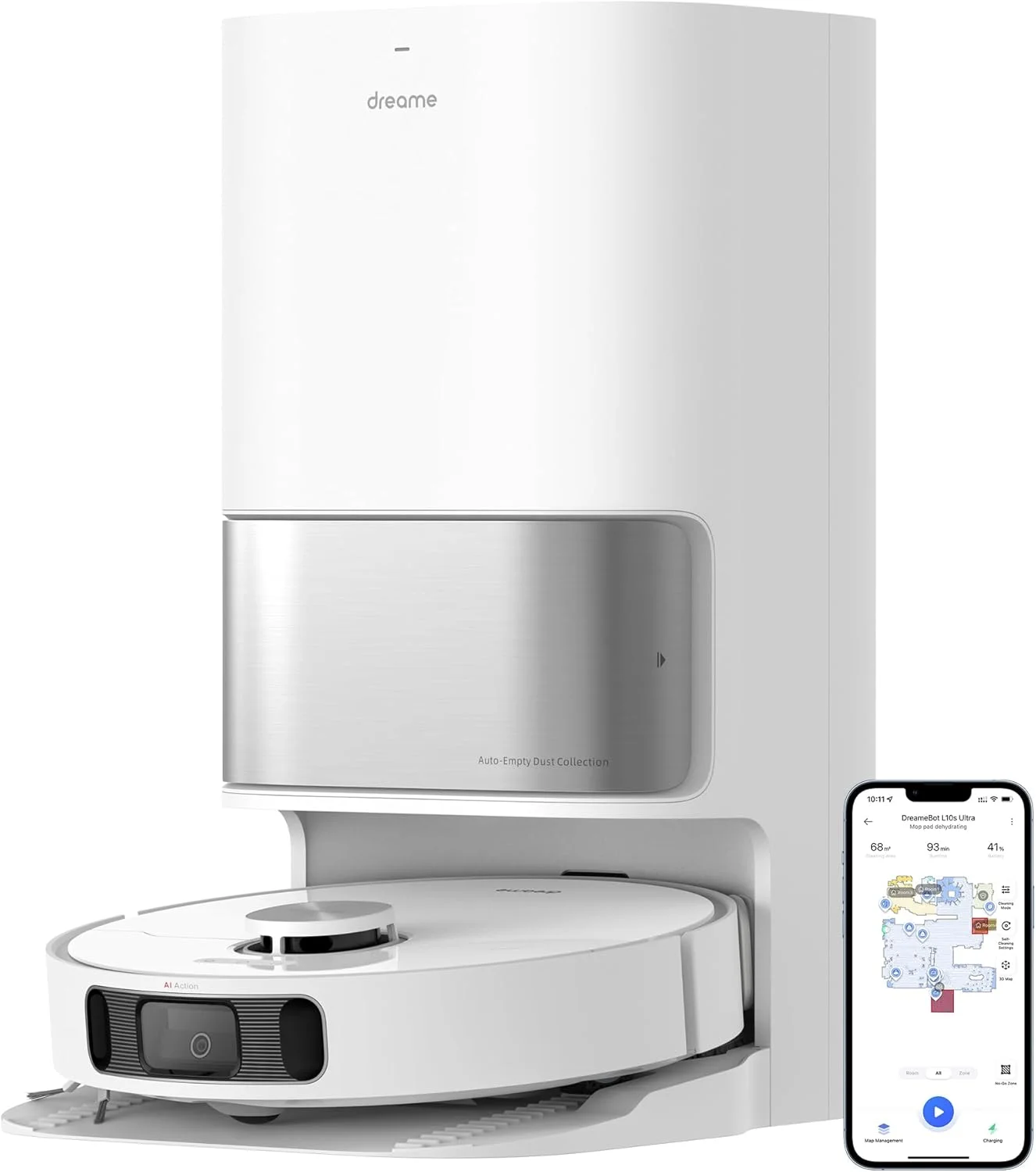 جاروبرقی رباتیک و تی شوی خودکار Dreame L10s Ultra با ایستگاه خود تمیز شونده (جمع آوری خودکار گرد و غبار)، تشخیص موانع سه بعدی، قدرت مکش 5300Pa، وای فای/برنامه/الکسا (بازسازی شده)