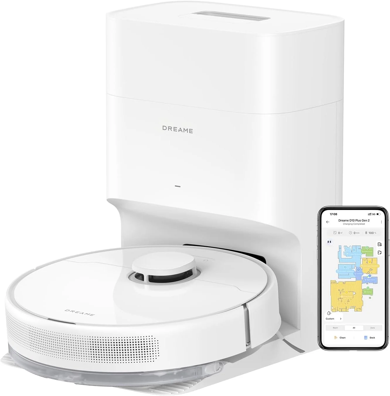 جاروبرقی رباتیک خودکار Dreame D10 Plus Gen 2 با تخلیه خودکار، قدرت مکش 6000 پاسکال، جمع آوری گرد و غبار تا 90 روز، مسیریابی LiDAR، مناسب برای فرش و موی حیوانات خانگی، زمان کارکرد طولانی 285 دقیقه