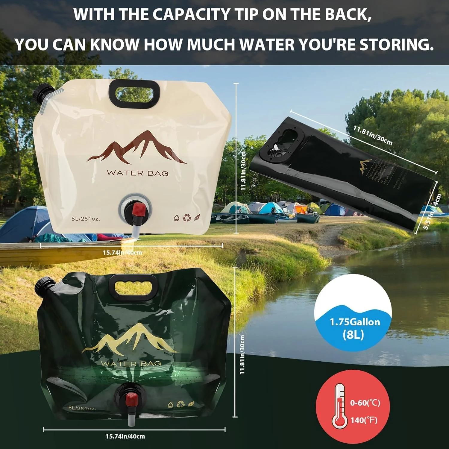 کیسه تاشو مخزن آب، پلاستیک شفاف درجه مواد غذایی بدون BPA، قمقمه ذخیره سازی با شیر، مخزن آب فضای باز برای کمپینگ، پیاده روی و کیت بقا، ورزش، کوله پشتی اضطراری، 8 لیتر، 2 عدد بژ/سبز