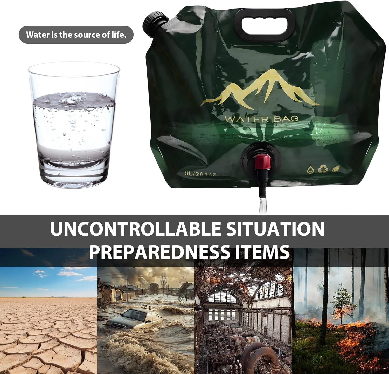 کیسه تاشو مخزن آب، پلاستیک شفاف درجه مواد غذایی بدون BPA، قمقمه ذخیره سازی با شیر، مخزن آب فضای باز برای کمپینگ، پیاده روی و کیت بقا، ورزش، کوله پشتی اضطراری، 8 لیتر، 2 عدد بژ/سبز