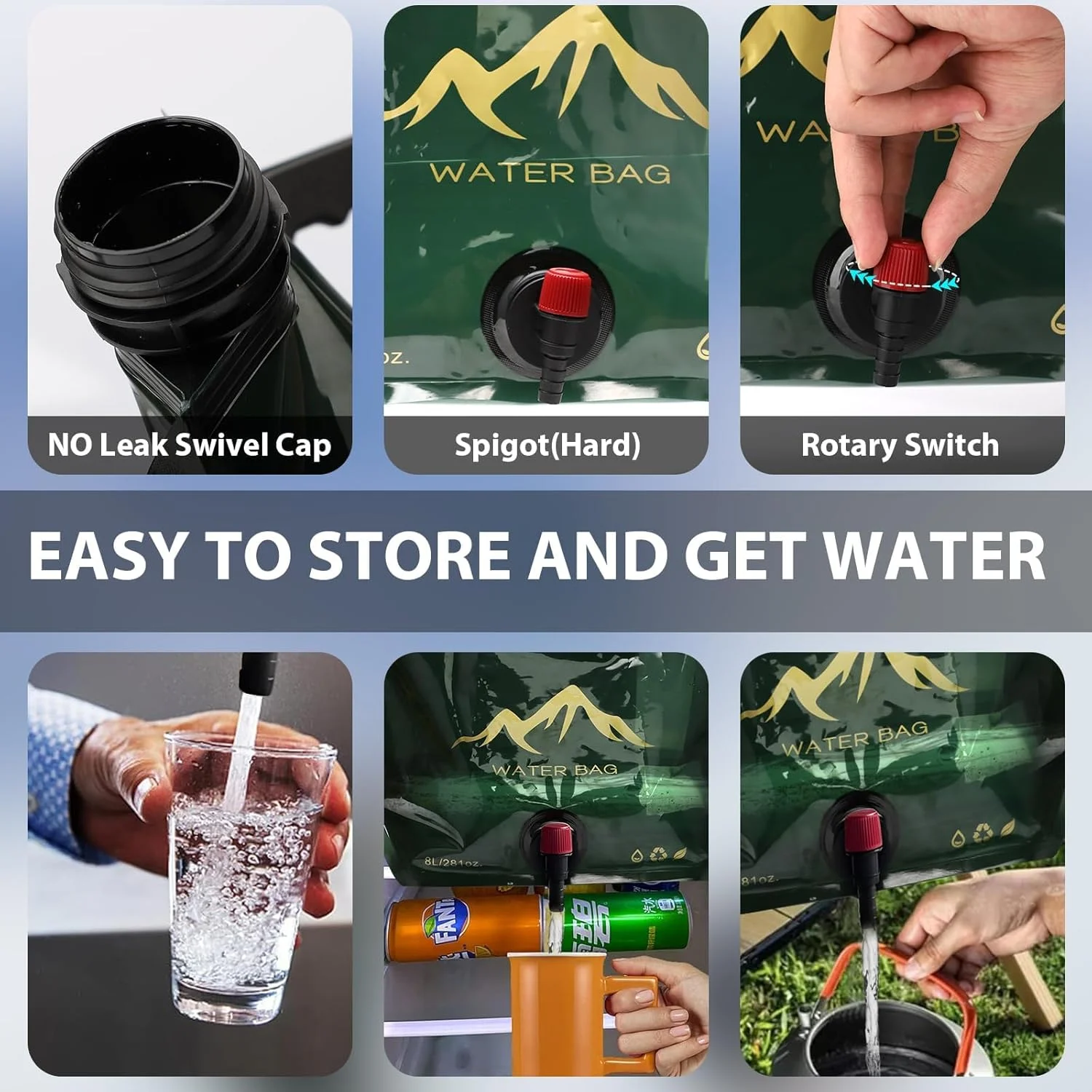 کیسه تاشو مخزن آب، پلاستیک شفاف درجه مواد غذایی بدون BPA، قمقمه ذخیره سازی با شیر، مخزن آب فضای باز برای کمپینگ، پیاده روی و کیت بقا، ورزش، کوله پشتی اضطراری، 8 لیتر، 2 عدد بژ/سبز