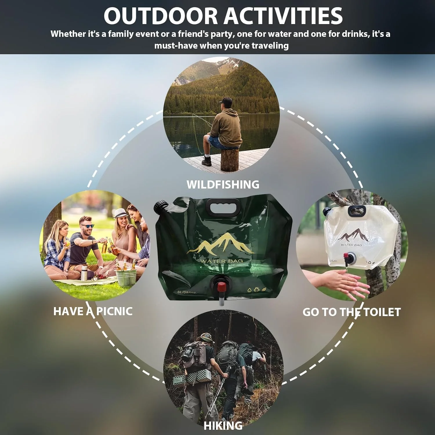 کیسه تاشو مخزن آب، پلاستیک شفاف درجه مواد غذایی بدون BPA، قمقمه ذخیره سازی با شیر، مخزن آب فضای باز برای کمپینگ، پیاده روی و کیت بقا، ورزش، کوله پشتی اضطراری، 8 لیتر، 2 عدد بژ/سبز