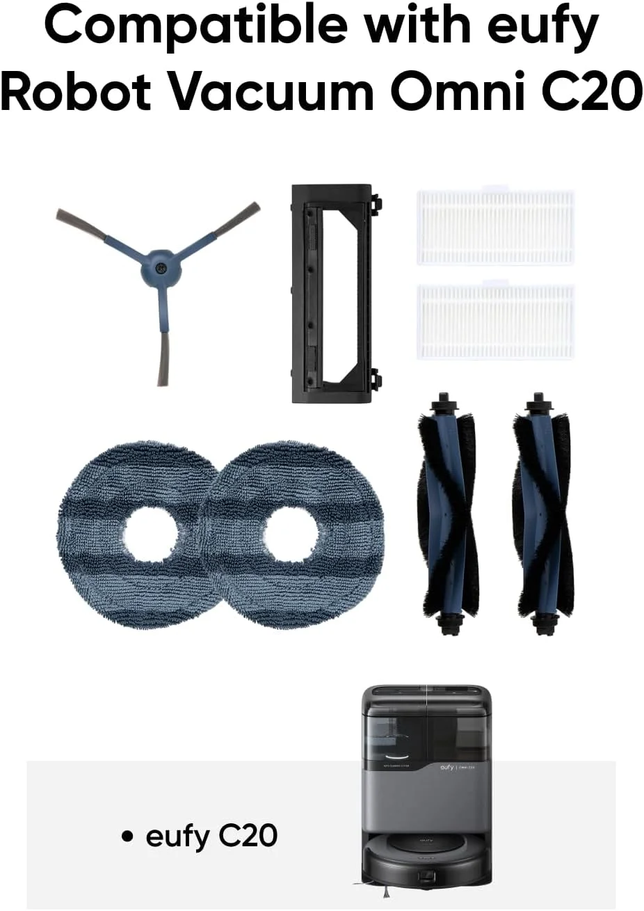 کیت قطعات جایگزین eufy برای جاروبرقی رباتیک eufy C20 Omni، برس رولی با مو و لاستیک، محافظ برس، 2 برس جانبی، فیلتر قابل شستشو و 2 پد تمیز کننده کیت قطعات جایگزین eufy برای جاروبرقی رباتیک eufy C20 Omni، برس رولی با مو و لاستیک، محافظ برس، 2 برس جانبی، فیلتر قابل شستشو و 2 پد تمیز کننده