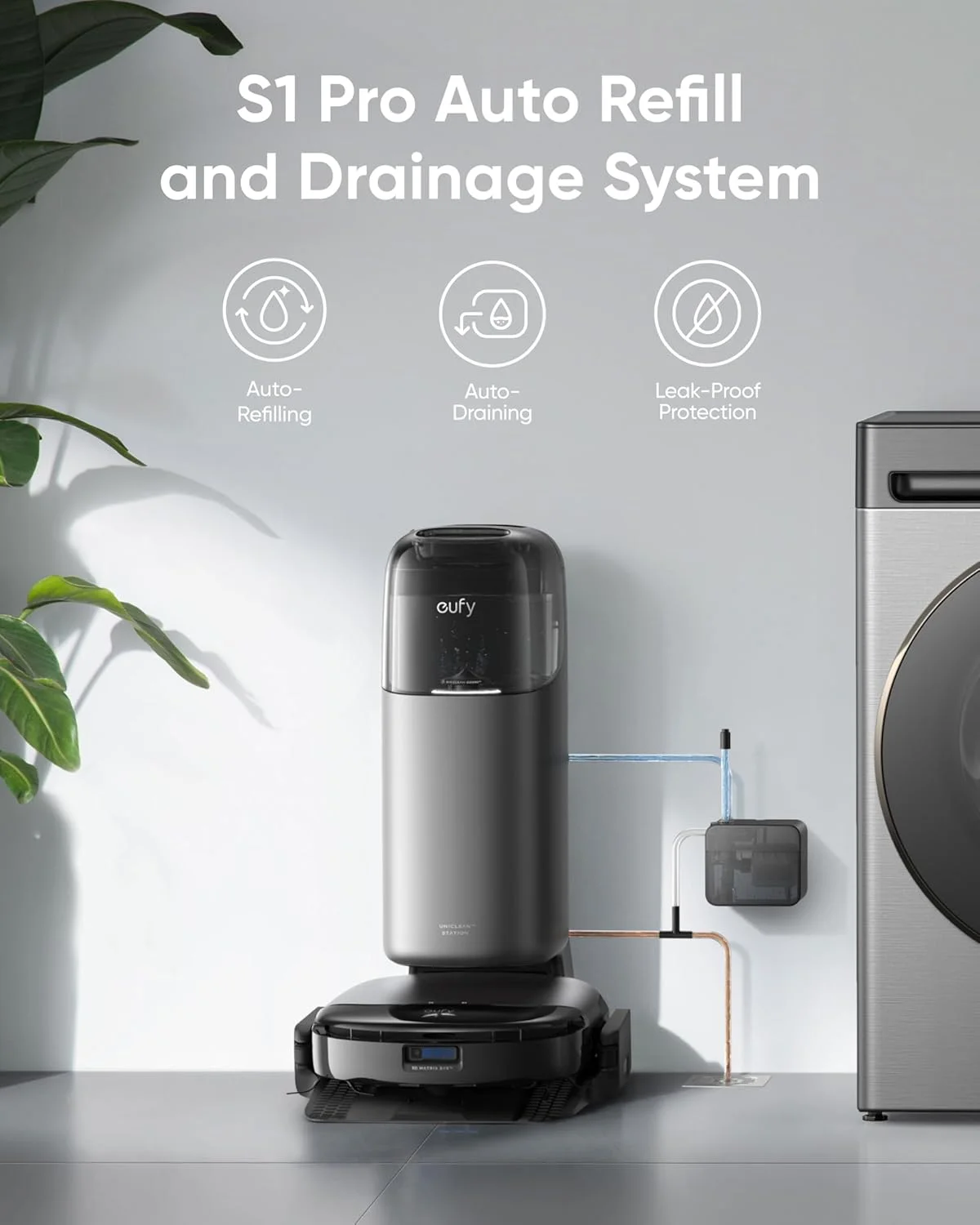 ماژول آب تمیز و کثیف اتوماتیک eufy، سیستم کار برای آب تمیز و کثیف برای ربات های تمیز کننده، سازگار با ربات جاروبرقی و تی شوی S1 Pro HydroJet