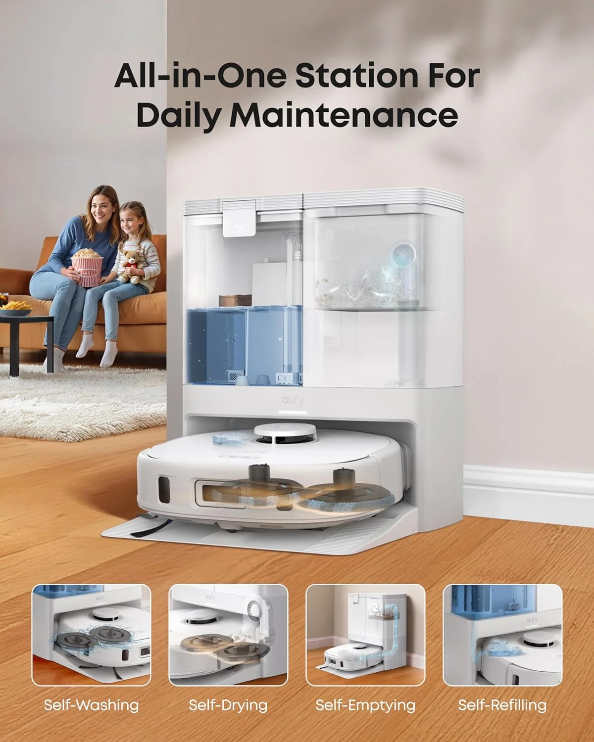 جاروبرقی رباتیک و تی شوی eufy X10 Pro Omni با قدرت مکش 8000 پاسکال، دو تی با قابلیت بلند شدن خودکار 12 میلی‌متری و تشخیص فرش، اجتناب از موانع با هوش مصنوعی، شستشوی خودکار تی، خشک کردن خودکار، تخلیه خودکار