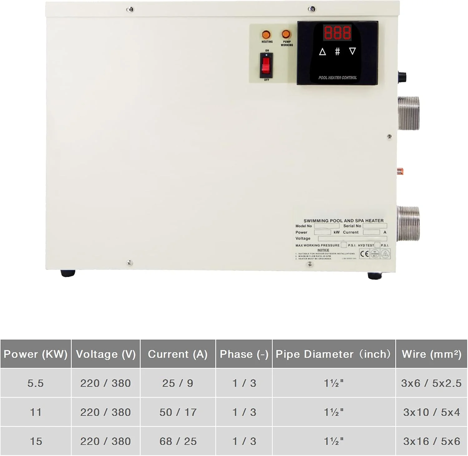 گرمکن برقی استخر 5.5 کیلووات 11 کیلووات 15 کیلووات ترموستات گرمکن آب استخر 220 ولت 380 ولت بخاری دیجیتال حمام SPA مناسب برای استخر های رو باز و زیرزمینی حداکثر 10 متر مکعب تجهیزات استخر