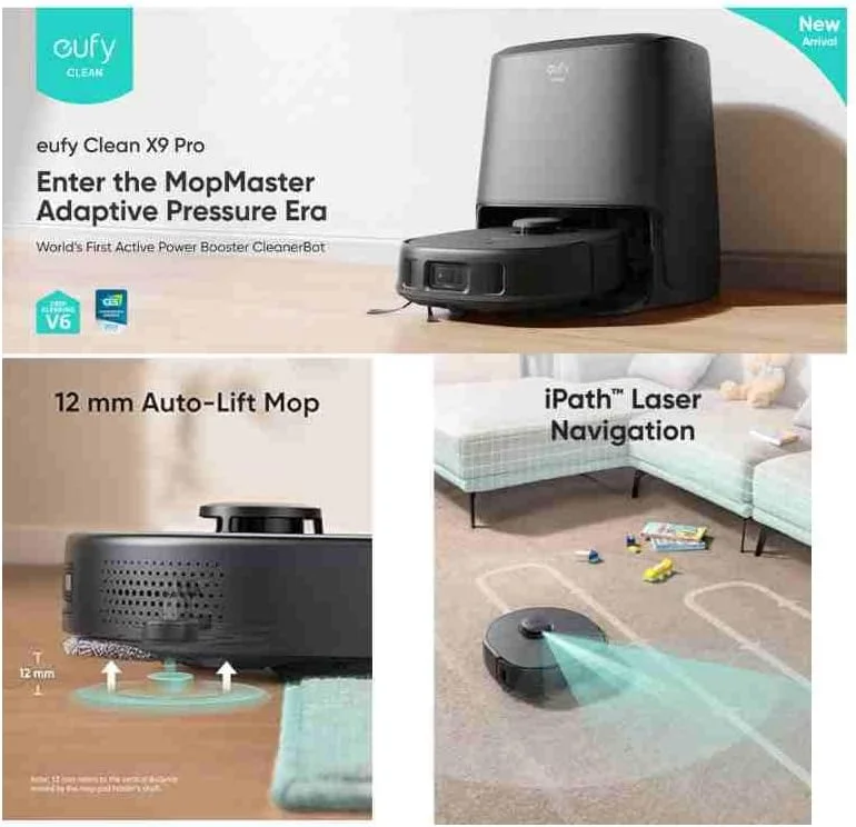 جاروبرقی رباتیک Eufy Clean X9 Pro با تمیز کردن فشاری تطبیقی MopMaster™، 2 پد چرخشی، تشخیص فرش با قابلیت بلند کردن خودکار پدها تا 12 میلیمتر، ایستگاه خود تمیز شونده، قدرت مکش 5500 پاسکال، اجتناب از موانع با هوش مصنوعی جاروبرقی رباتیک Eufy Clean X9 Pro با تمیز کردن فشاری تطبیقی MopMaster™، 2 پد چرخشی، تشخیص فرش با قابلیت بلند کردن خودکار پدها تا 12 میلیمتر، ایستگاه خود تمیز شونده، قدرت مکش 5500 پاسکال، اجتناب از موانع با هوش مصنوعی