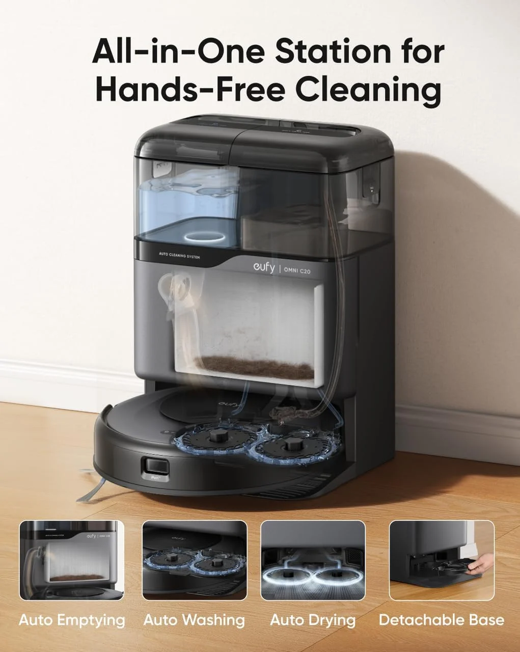 جاروبرقی رباتیک eufy Omni C20 با ایستگاه همه کاره، تخلیه خودکار، شستشو و خشک کردن تی برای تمیز کردن بدون دخالت دست، مکش قدرتمند 7000 پاسکال، بدنه فوق العاده باریک 3.35 اینچی، ترکیب جاروبرقی رباتیک و تی