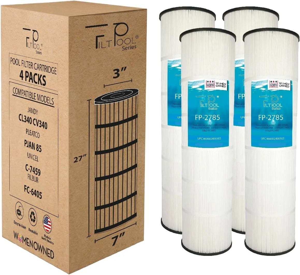 FILTPOOL - FP-2785 - فیلتر جایگزین استخر برای Jandy CL340، CV340، A0557900، R0554500، Pleatco PJAN85، Unicel C-7459، Filbur FC-0800 & FC-6405 - فیلتر کارتریجی استخر - بسته 4 عددی، 85 فوت مربع در هر عدد