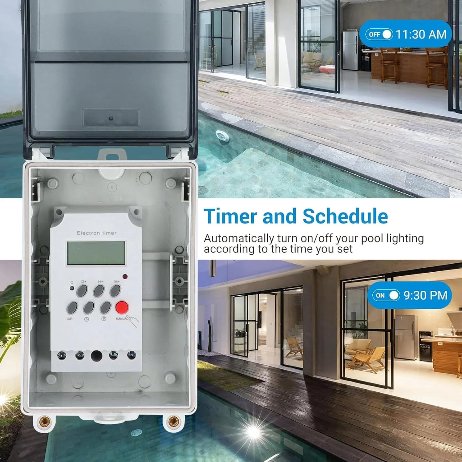 تایمر پمپ استخر، تایمر دیجیتال جعبه ای با پوسته رزین PC، سوئیچ تایمر پمپ ضد آب IP67 با قفل رمز عبور برای فیلترها، آبگرمکن ها، پمپ های تخلیه