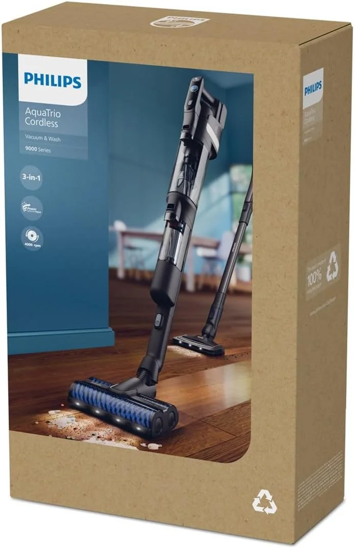 جاروبرقی و شستشوی بی‌سیم 3 در 1 فیلیپس سری 9000 AquaTrio، جاروبرقی و تی‌کشی در یک حرکت، خود تمیز شونده خودکار، تا 38 دقیقه زمان کارکرد با پوشش 285 متر مربع، ابزار شکاف و برس توربو موتوری