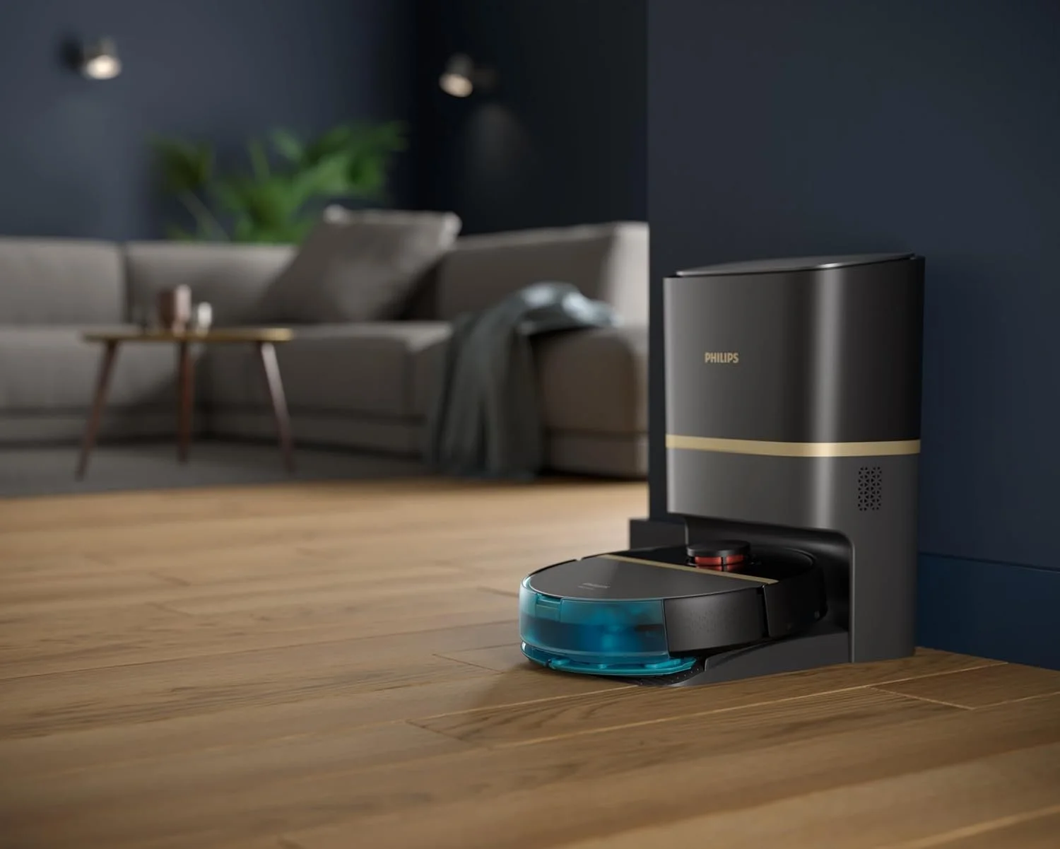 ربات جاروبرقی و تی شوی Philips HomeRun سری 7000 Aqua - متصل به برنامه HomeRun، قدرت مکش فوق العاده 5000 پاسکال، تشخیص موانع کوچک، تخلیه خودکار و ایستگاه شارژ - XU7100/01