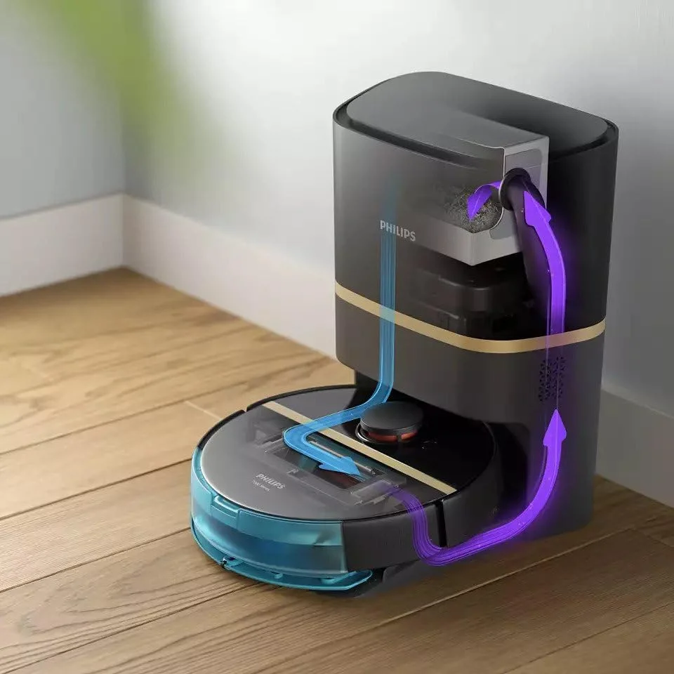 ربات جاروبرقی و تی شوی Philips HomeRun سری 7000 Aqua - متصل به برنامه HomeRun، قدرت مکش فوق العاده 5000 پاسکال، تشخیص موانع کوچک، تخلیه خودکار و ایستگاه شارژ - XU7100/01
