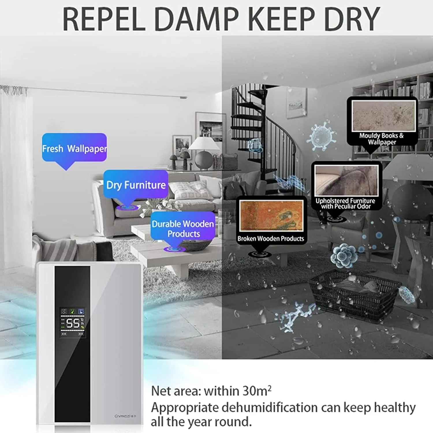 رطوبت گیر 2.2 لیتری AADECOR، جاذب رطوبت، بی صدا/کنترل از راه دور/تایمر، 110 ولت/220 ولت، با کنترل از راه دور/لوله تخلیه، برای جذب رطوبت زیرزمین