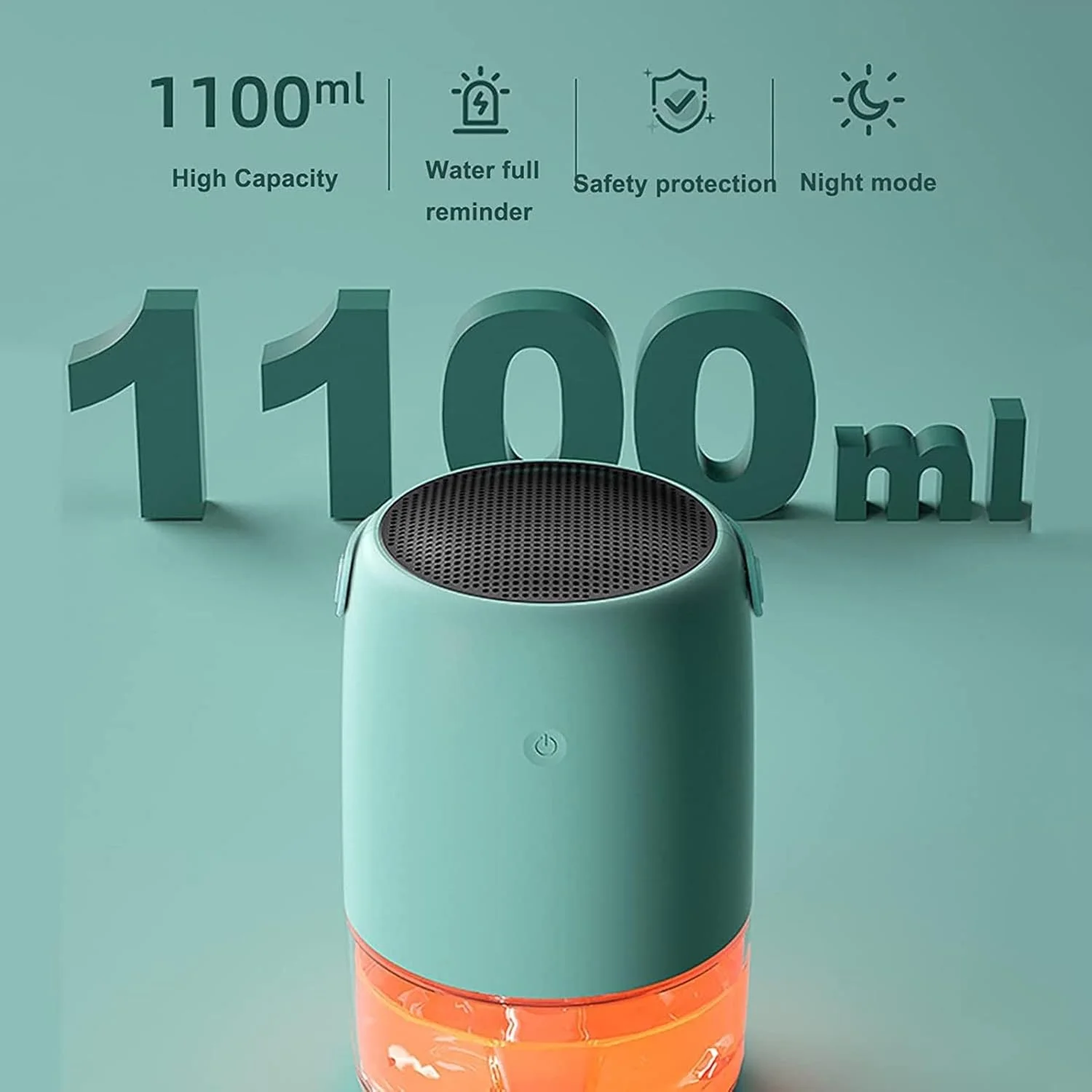 رطوبت گیر کوچک AADECOR با ظرفیت 1000 میلی لیتر، خاموشی خودکار هنگام پر شدن آب، دارای نور محیطی 7 رنگ، مناسب برای اتاق خواب، مطالعه، رختکن، سبز