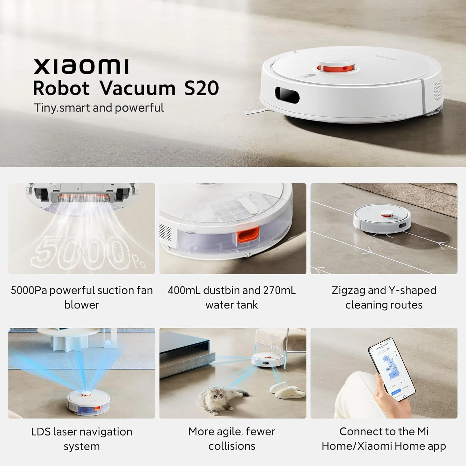 Xiaomi Robot Vacuum S20: 5000Pa Robot Vacuum and Mop with LDS Laser Navigation, Smart Mapping, 400mL Dustbin & 270mL Tank, Alexa/Google Assistant (White) Xiaomi Robot Vacuum S20: 5000Pa Robot Vacuum and Mop with LDS Laser Navigation, Smart Mapping, 400mL Dustbin & 270mL Tank, Alexa/Google Assistant (White)