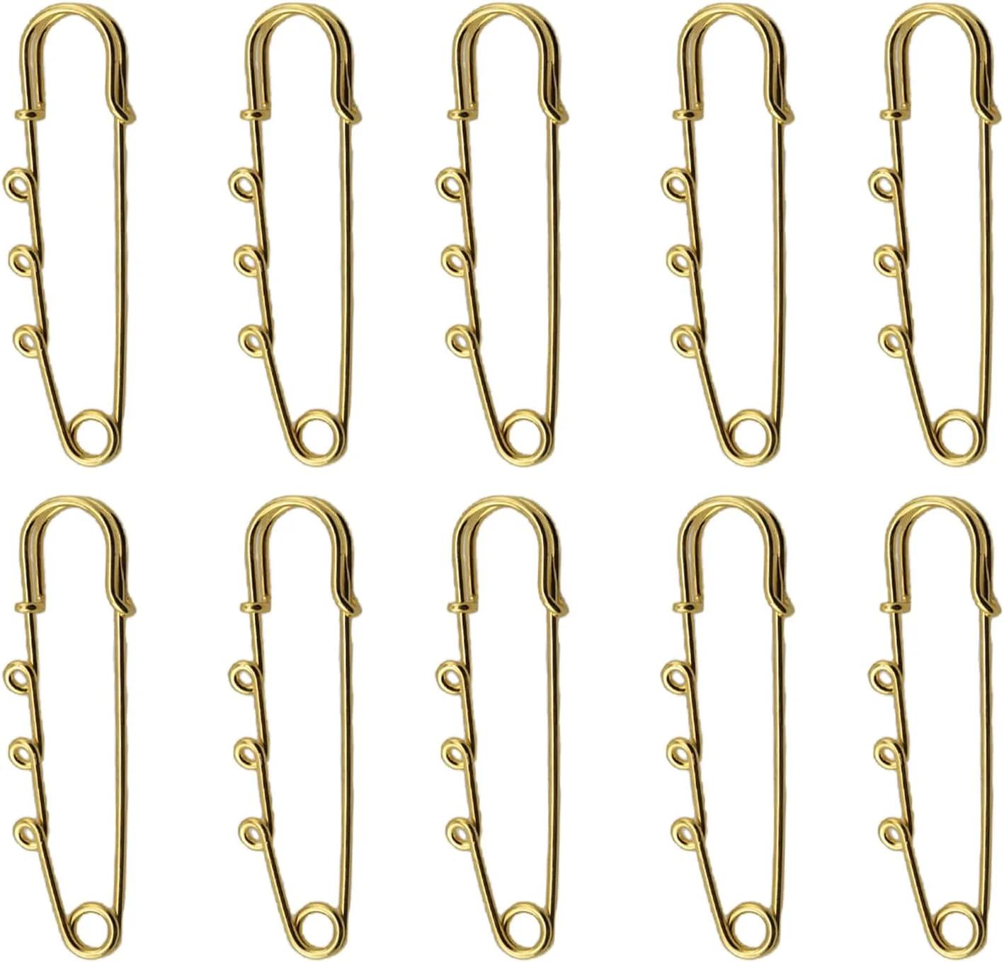 YTgilo 12PCS 3 Holes DIY Jewellery Crafts Brooch Gold 64mm Heavy Duty Safety Pin Brooch Pin Safety Scarf Clasp Jewelry Accessories for Coat Sweater Hat Scarf Skirt Skirt Fastener