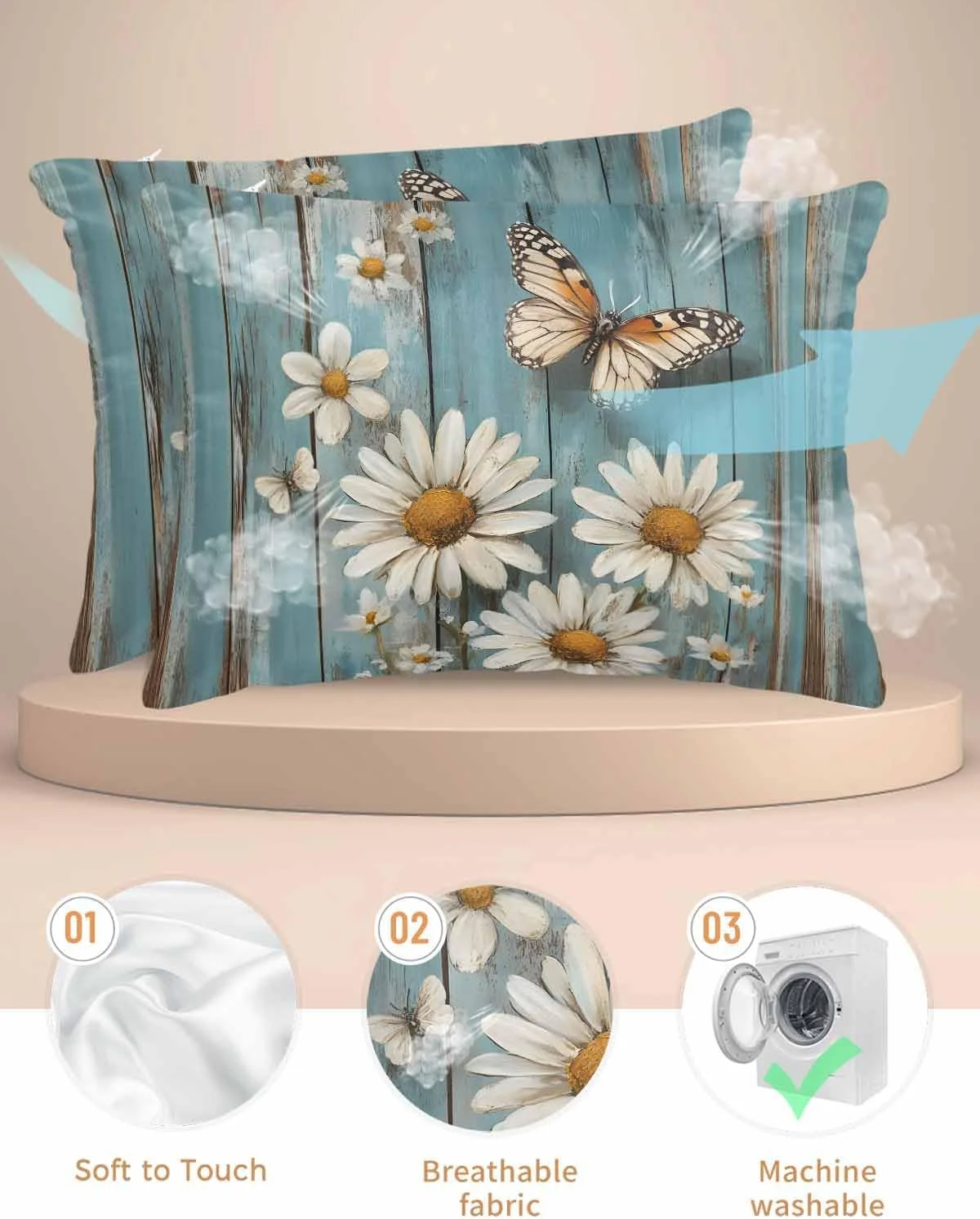 روبالشی ساتن دیزی برای مو و پوست، طرح گل بابونه و پروانه، آبی فیروزه ای، چوب قدیمی روستایی، بسته 2 عددی روبالشی با زیپ، بسیار نرم و خنک شبیه روکش های ابریشمی، 50x91 سانتی متر روبالشی ساتن دیزی برای مو و پوست، طرح گل بابونه و پروانه، آبی فیروزه ای، چوب قدیمی روستایی، بسته 2 عددی روبالشی با زیپ، بسیار نرم و خنک شبیه روکش های ابریشمی، 50x91 سانتی متر