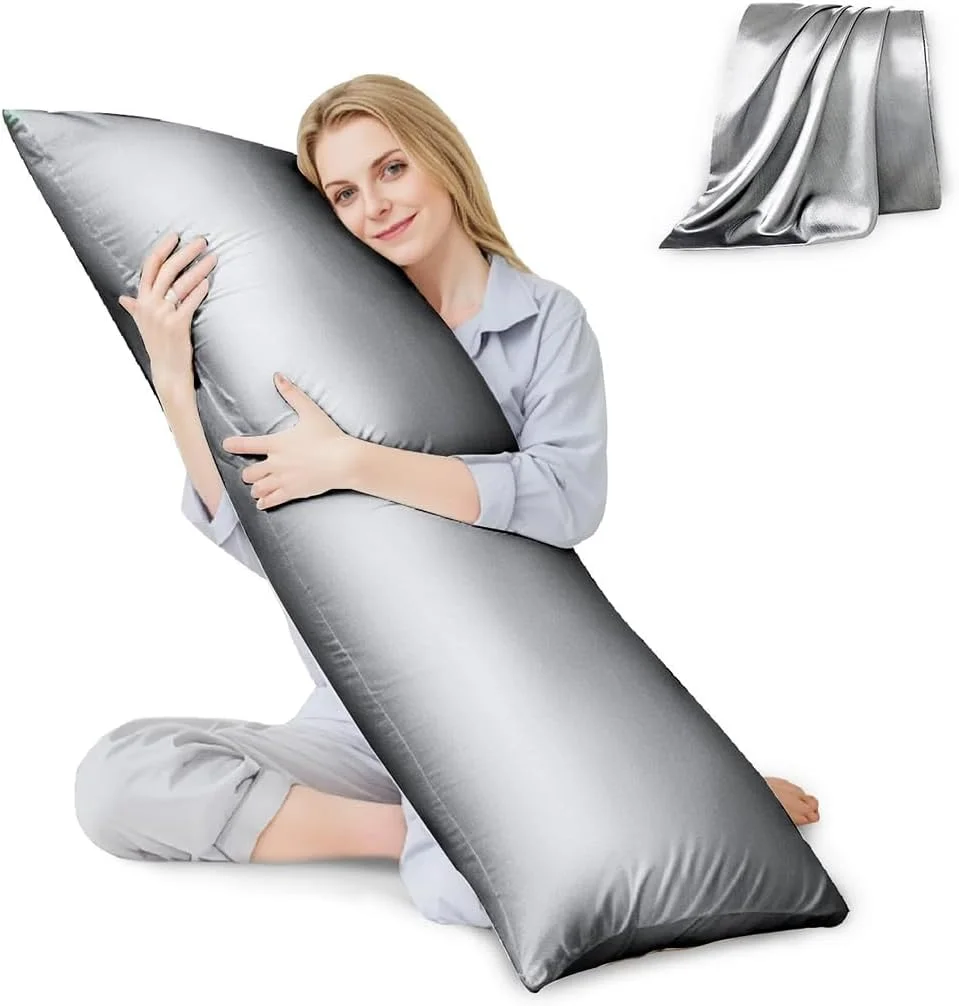 روکش بالش بدنه HANNEA®، 50x137 سانتی متر ابریشم یخی پلی استر خنک کننده، نرم و قابل تنفس، دارای زیپ، روبالشی بلند و بزرگ مناسب برای بالش های کمری تابستانی (خاکستری نقره ای)