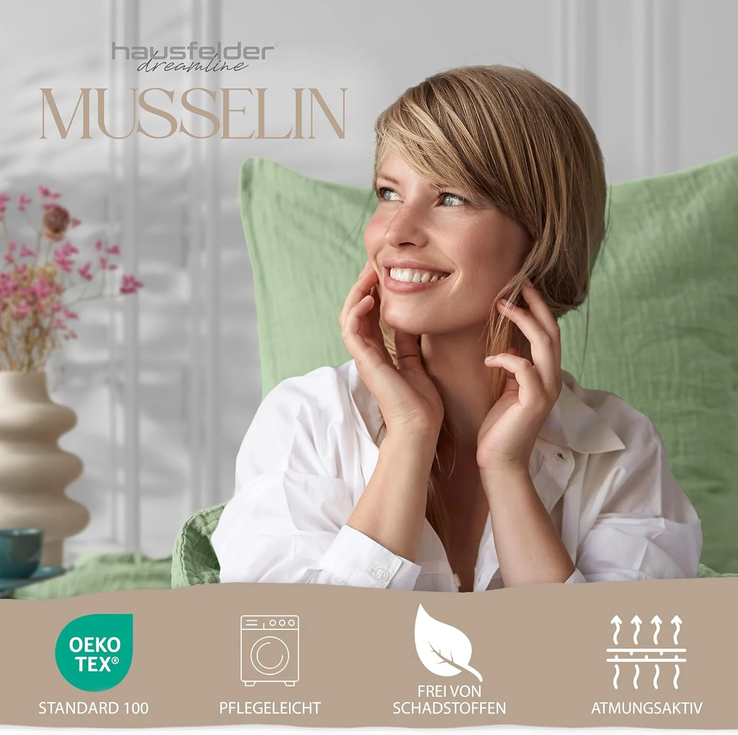 روبالشی موسلین هاوسفِلدر 80x80 سانتی متر، سبز، روبالشی 80x80 سانتی متر، ساخته شده از پنبه تنفسی، روکش دارای گواهی Oeko-Tex برای بالش 80x80 سانتی متر، فوق العاده نرم روبالشی موسلین هاوسفِلدر 80x80 سانتی متر، سبز، روبالشی 80x80 سانتی متر، ساخته شده از پنبه تنفسی، روکش دارای گواهی Oeko-Tex برای بالش 80x80 سانتی متر، فوق العاده نرم