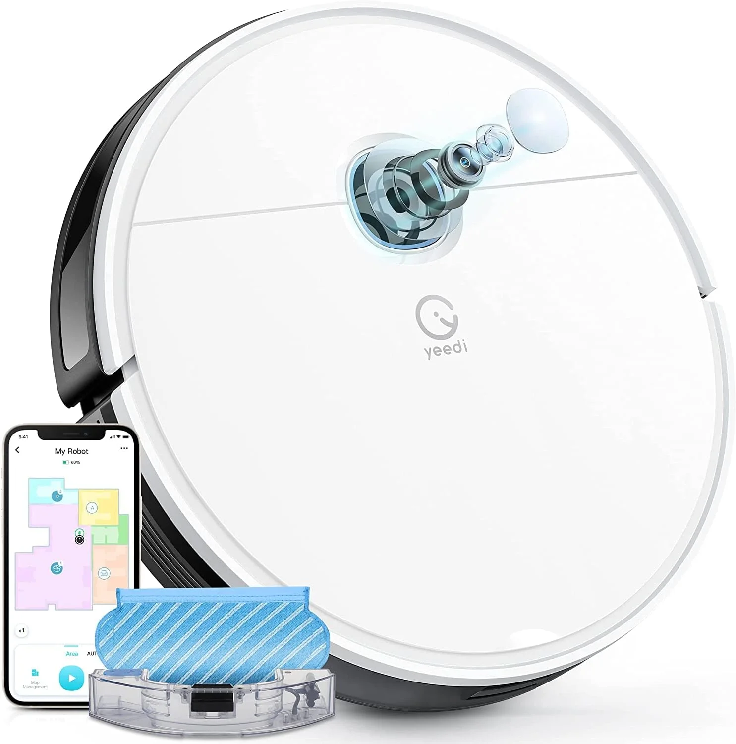 جاروبرقی رباتیک و تی شوی Yeedi vac max - 2 در 1، مکش قدرتمند 3000Pa، تا 200 دقیقه زمان کارکرد، نقشه برداری هوشمند، تشخیص فرش، نقشه قابل ویرایش برای تمیز کردن دقیق سطوح سخت