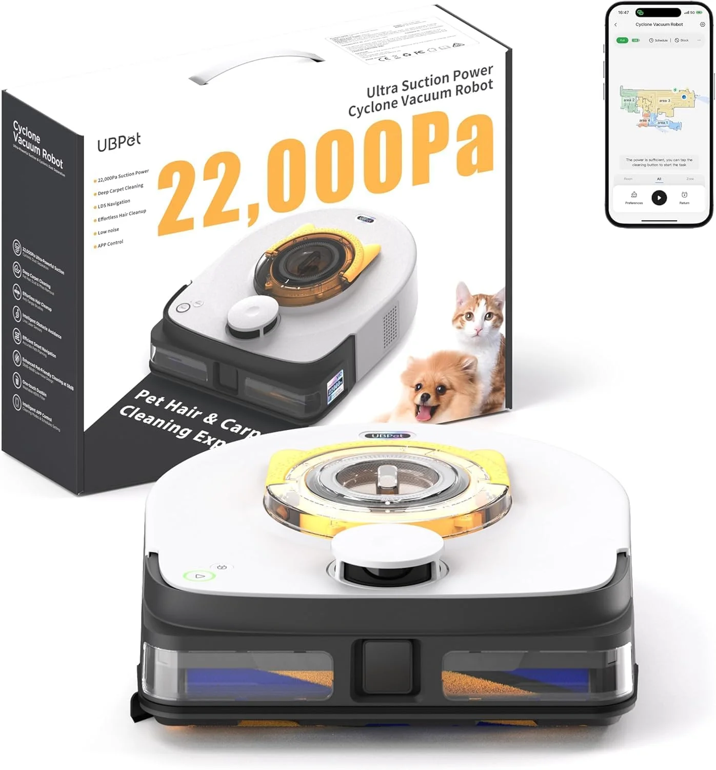 جاروبرقی رباتیک UBPET با قدرت 22000 پاسکال برای موی حیوانات خانگی روی فرش، ربات جاروبرقی بدون عملکرد پاک کردن، مسیریابی LiDAR، کنترل WiFi/App، طراحی D شکل، ضد گره خوردگی مو، شارژ خودکار، مدل V10