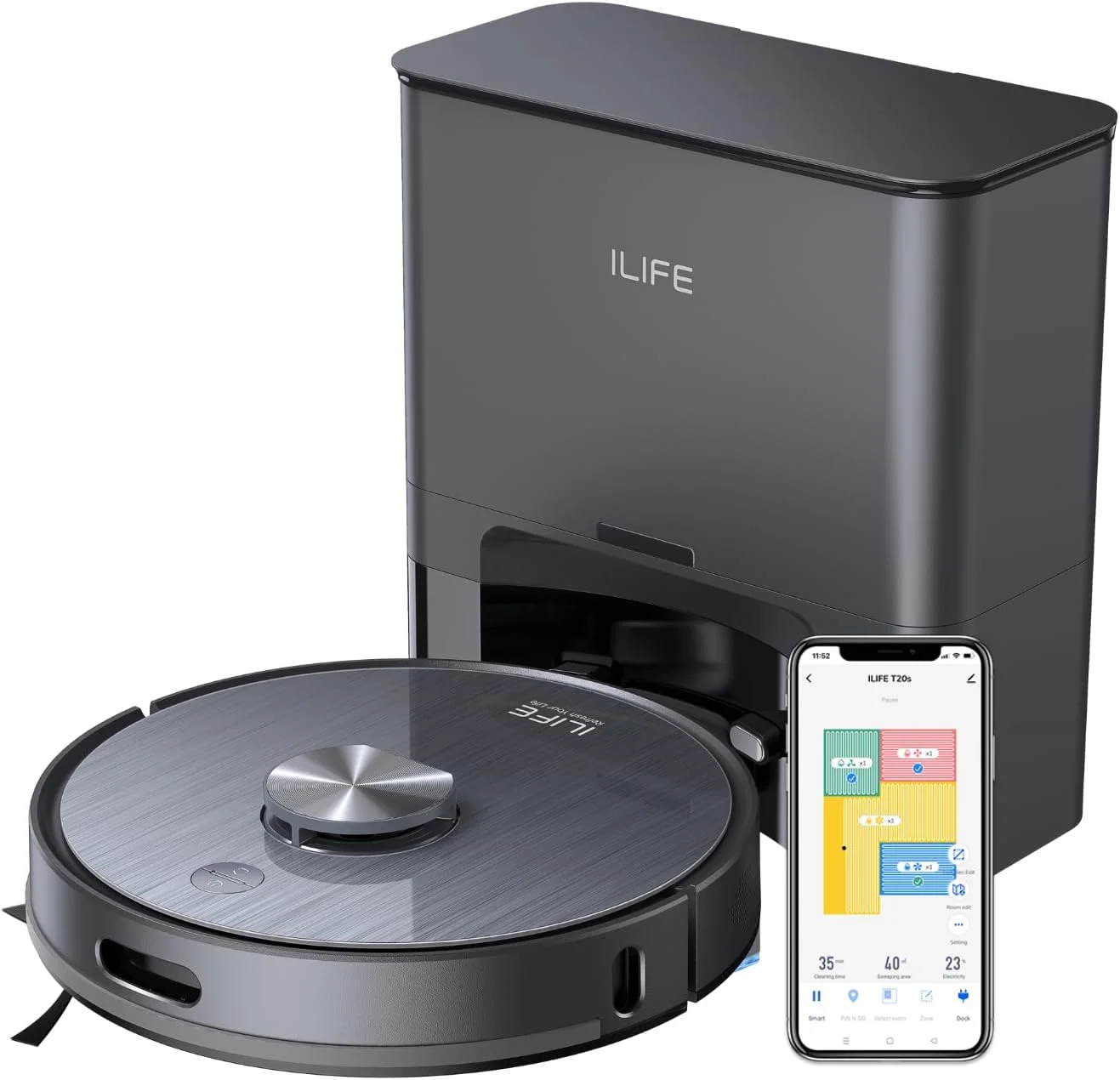 جاروبرقی رباتیک ILIFE T20s با مسیریابی پیشرفته LDS، تخلیه خودکار تا 70 روز، قدرت مکش 5000Pa، جارو و طی کشی همزمان، نقشه برداری چند طبقه، تمیز کردن سفارشی، برنامه، الکسا و GH