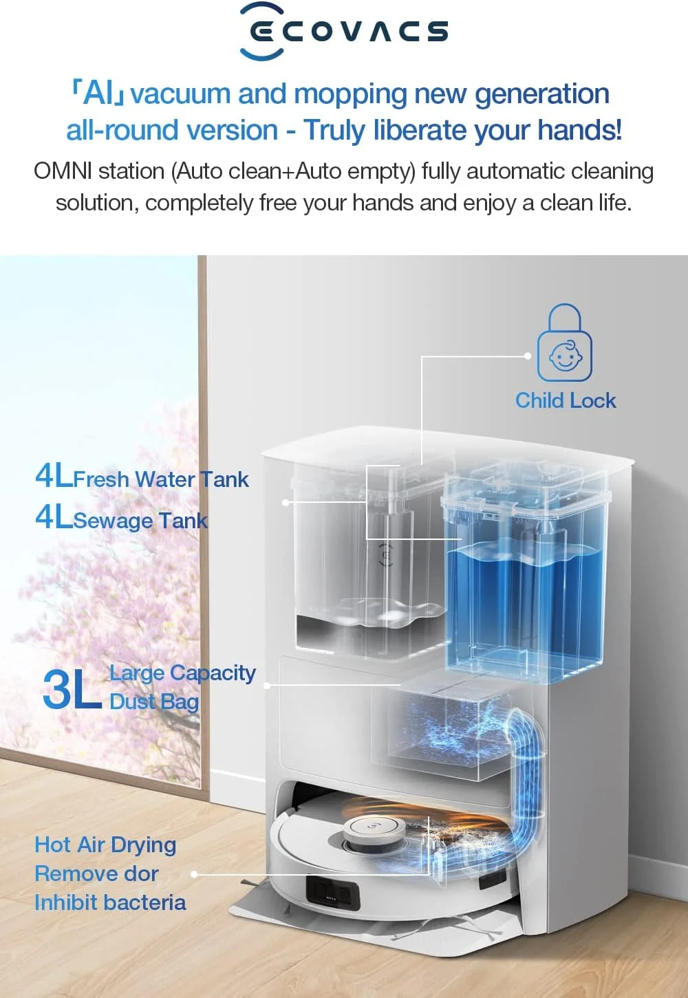 جاروبرقی رباتیک Ecovacs T10 OMNI (تمیز کردن خودکار + تخلیه خودکار)، جاروکشی و تمیز کردن عمیق، قوی ترین مکش 5000Pa، AIVI 3.0 و TrueMapping 2.0، کنترل صوتی OK YIKO