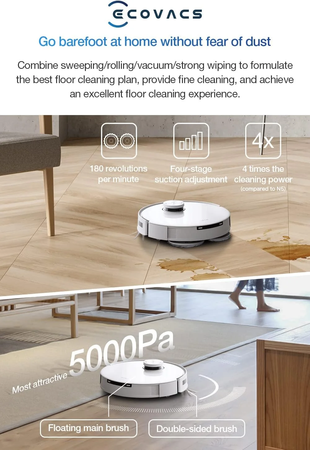 جاروبرقی رباتیک Ecovacs T10 OMNI (تمیز کردن خودکار + تخلیه خودکار)، جاروکشی و تمیز کردن عمیق، قوی ترین مکش 5000Pa، AIVI 3.0 و TrueMapping 2.0، کنترل صوتی OK YIKO