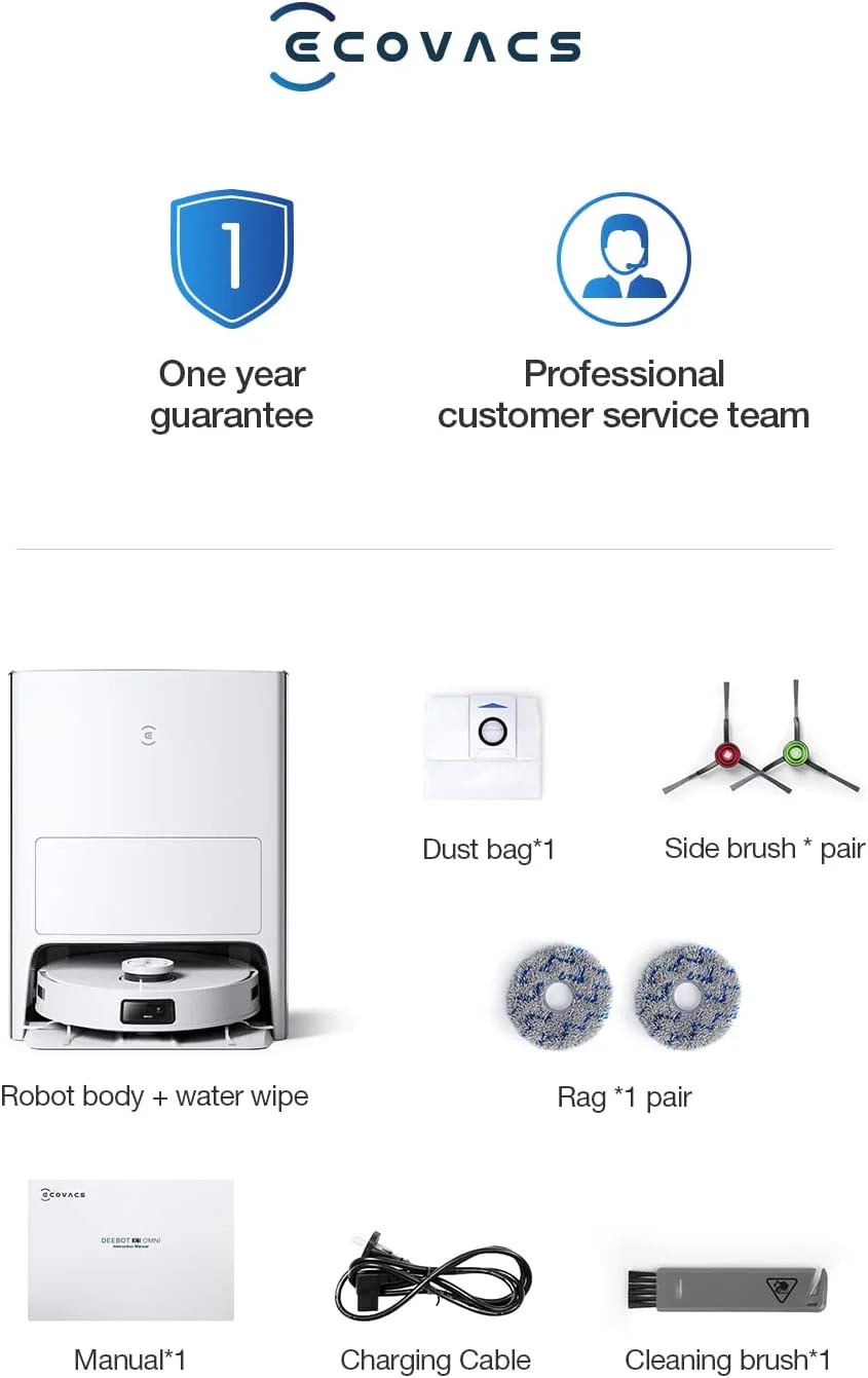 جاروبرقی رباتیک Ecovacs T10 OMNI (تمیز کردن خودکار + تخلیه خودکار)، جاروکشی و تمیز کردن عمیق، قوی ترین مکش 5000Pa، AIVI 3.0 و TrueMapping 2.0، کنترل صوتی OK YIKO