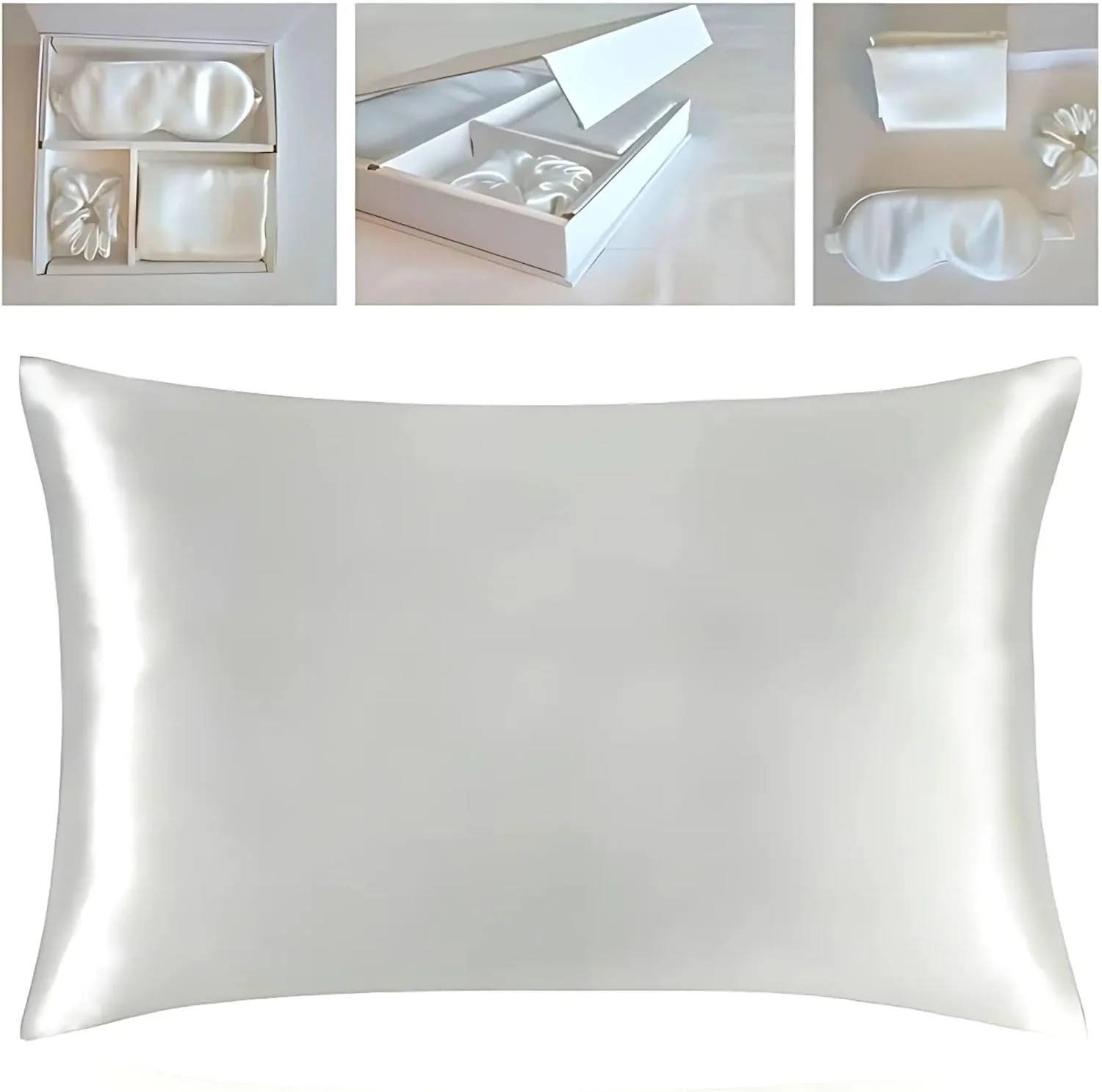 ست روبالشتی ابریشم خالص توت HomeLux، سایز کویین 50x75 سانتی متر، با زیپ مخفی، درجه 6A، 22 Momme، روبالشتی ابریشمی سفید برای مو و پوست، به همراه چشم بند ابریشمی و اسکرانچی، هدیه لوکس زیبایی