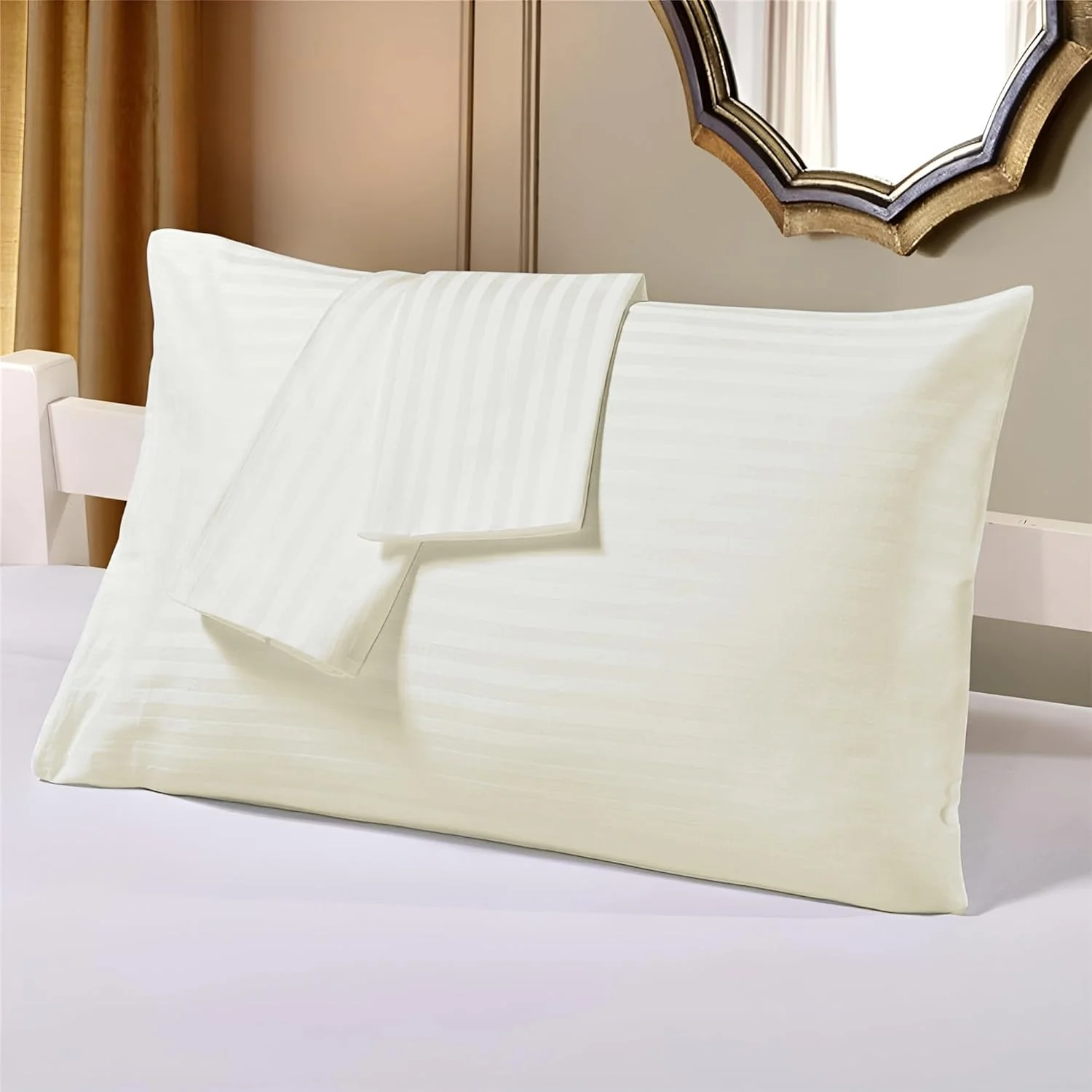 ست دو عددی روبالشتی استاندارد Hotel Linen Klub - ساتن 250TC پنبه 100% لوکس با طرح راه راه ظریف 1 سانتی متری، سایز: 50 × 75 سانتی متر، کرم ملایم برای لمسی از ظرافت در اتاق خواب شما