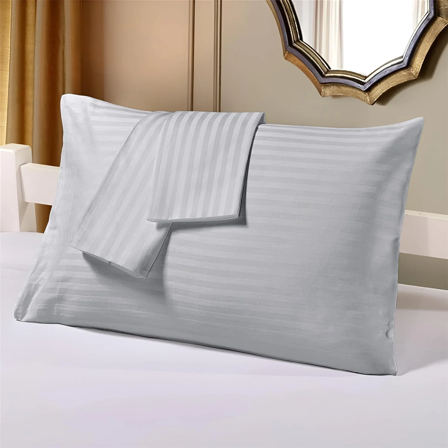 ست دو عددی روبالشتی استاندارد Hotel Linen Klub - ساتن 250TC پنبه 100% با طرح راه راه ظریف 1 سانتی متری، سایز: 50 × 75 سانتی متر، نقره ای براق برای لمسی از ظرافت در اتاق خواب شما